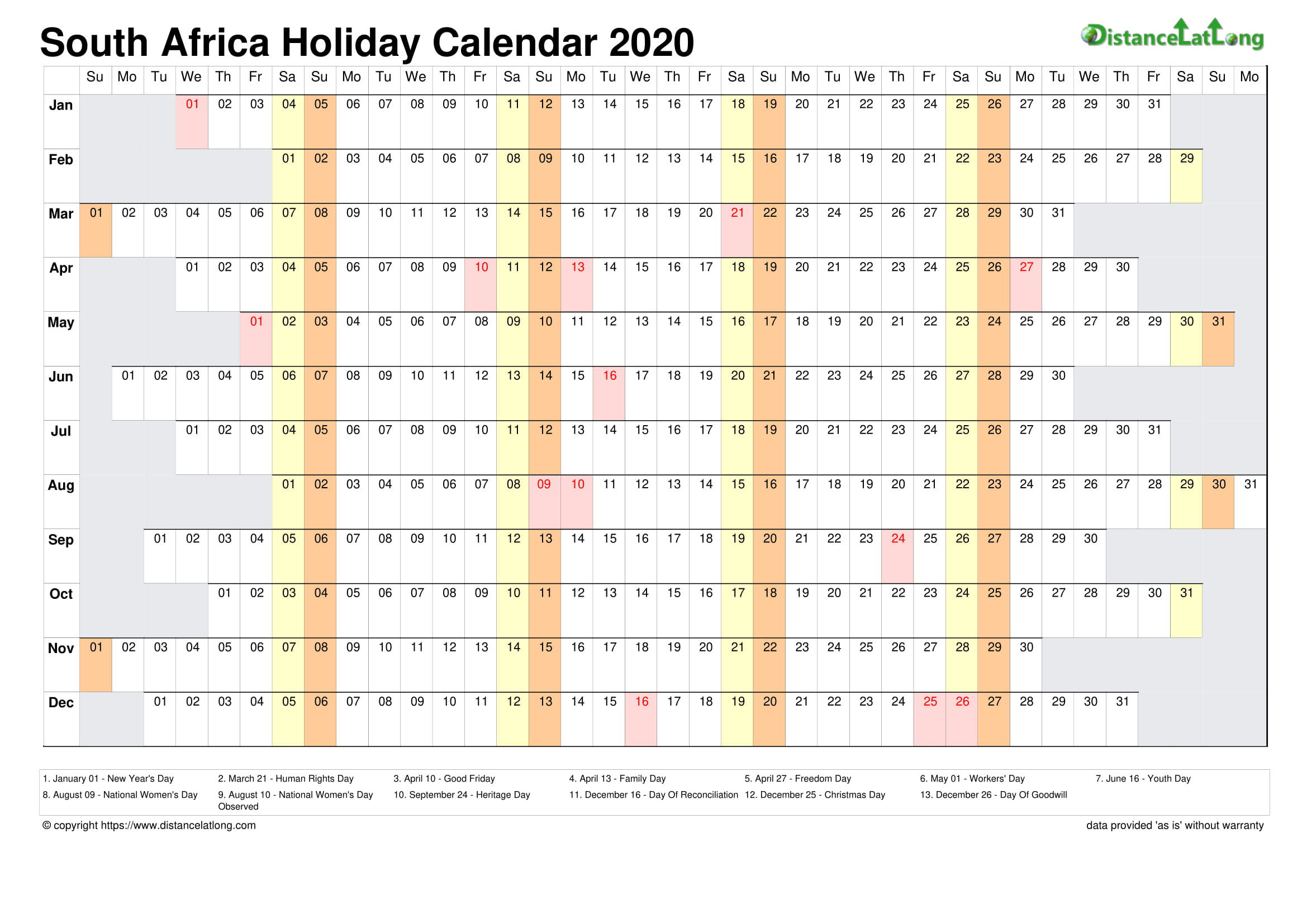 Calendar Horizontal Column With Holiday South Africa 2020-Holiday Calendar 2022 South Africa