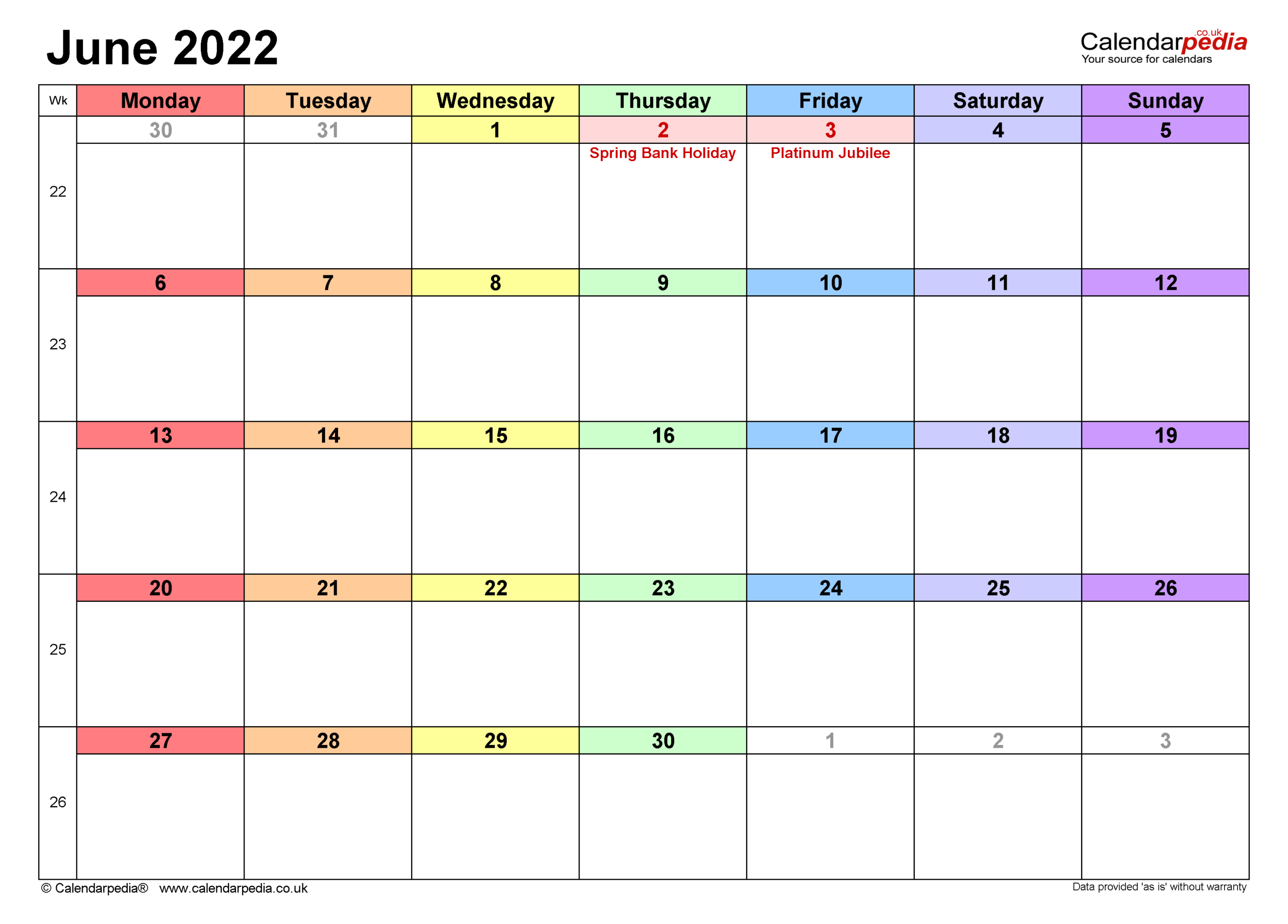 Calendar June 2022 Uk With Excel, Word And Pdf Templates-Uk Bank Holiday Calendar 2022