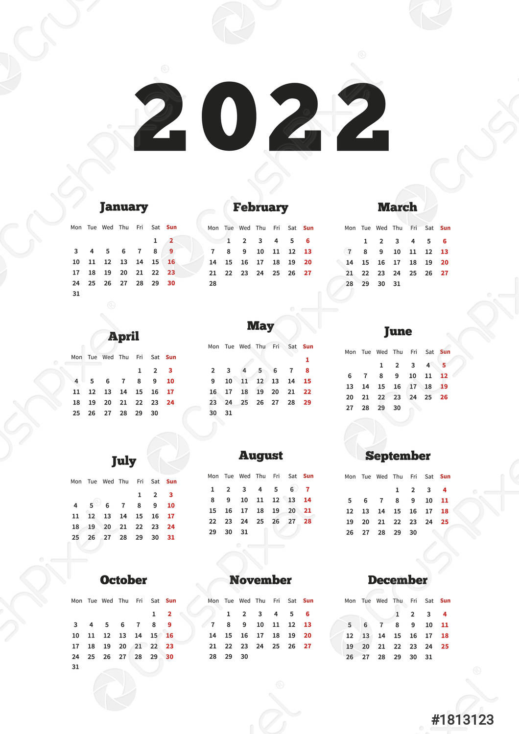 Calendar On 2022 Year With Week Starting From Monday, A4, Stock Vector-Printable 2022 Calendar Monday Start