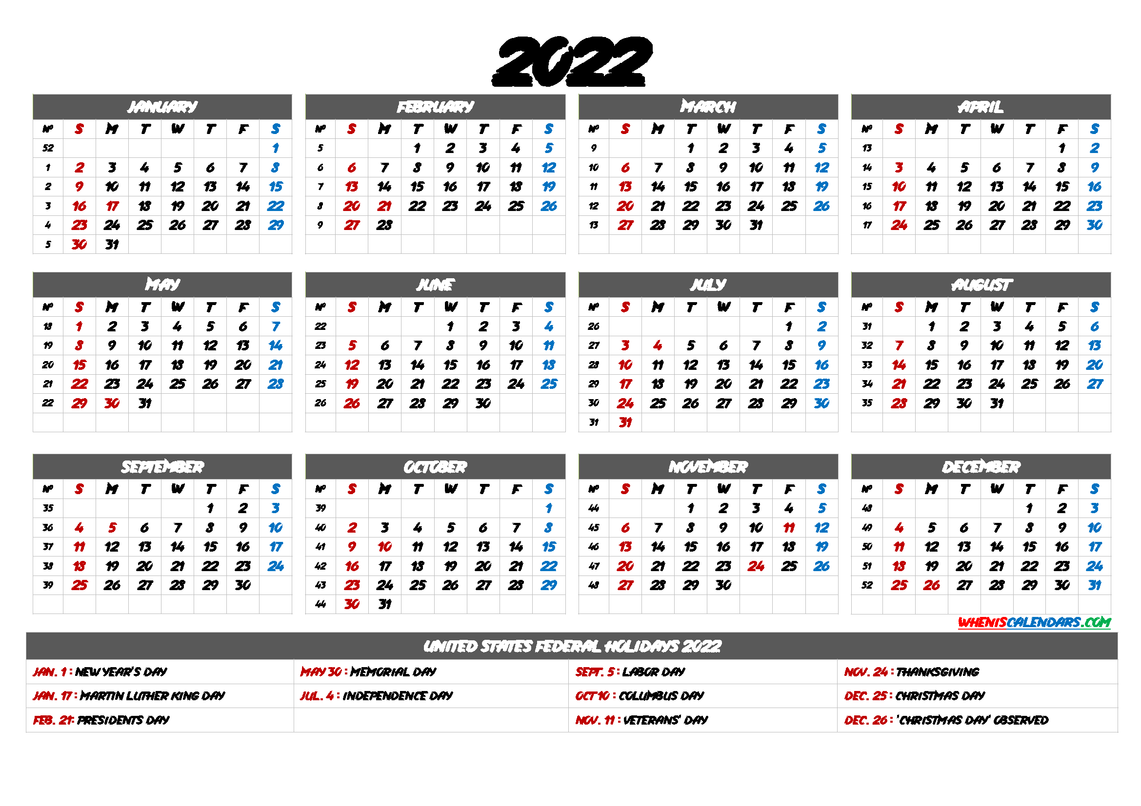 Calendar Week 2022 : Simple 2022 Year Calendar, Week Starts  | Stock-2022 Calendar Uk Week Numbers