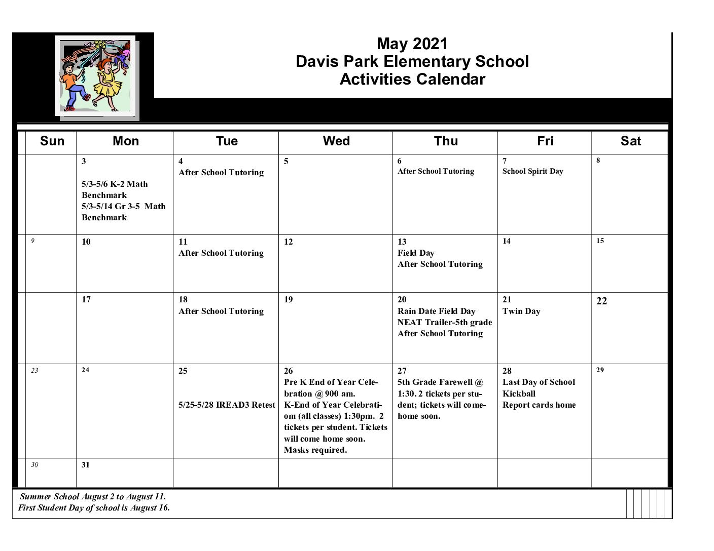 Calendars - Davis Park-Vigo County School Calendar 2022