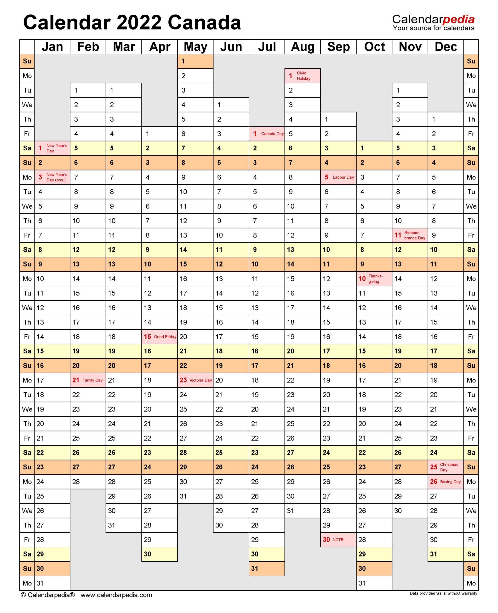 Canada Calendar 2022 - Free Printable Word Templates-2022 Calendar With Holidays Canada