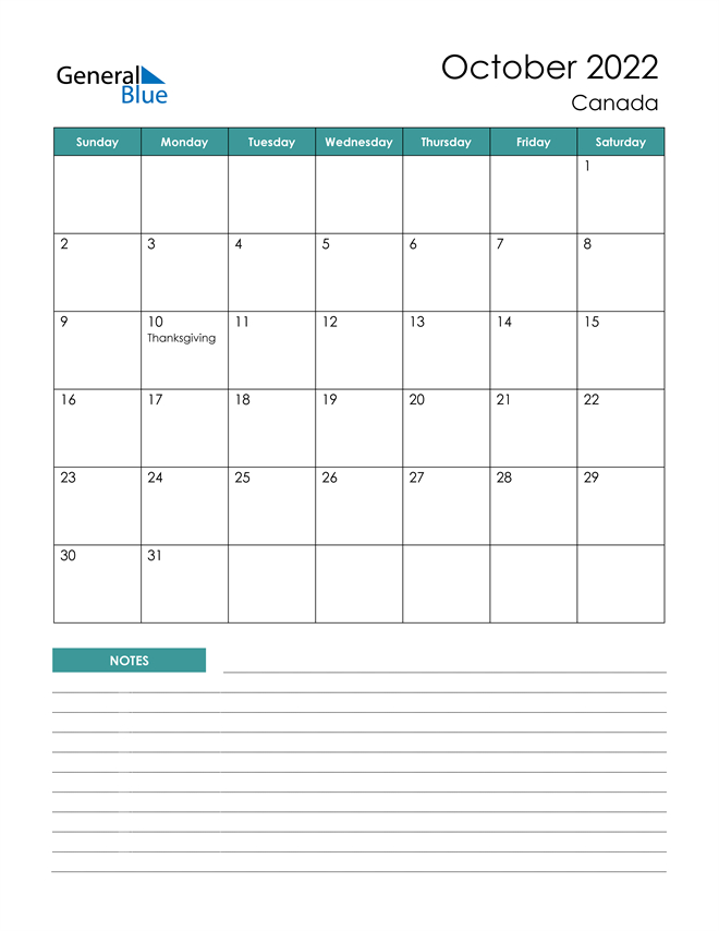 Canada October 2022 Calendar With Holidays-Printable Monthly Calendar 2022 Canada