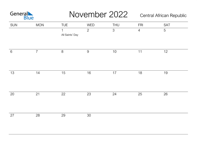 Central African Republic November 2022 Calendar With Holidays-South Africa Holiday Calendar 2022