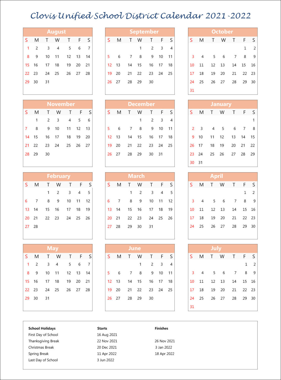 Clovis Unified School District Calendar Holidays 2021-2022-School Calendar 2021 To 2022 California