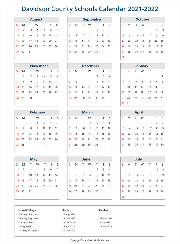 Davidson County Schools District Calendar Holidays 2021-2022-Martin County School Calendar 2022