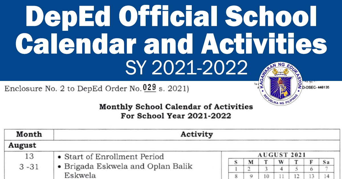 Deped Official School Calendar And Activities For Sy 2021-2022 (Do 29-School Year 2021 To 2022 Philippines Calendar