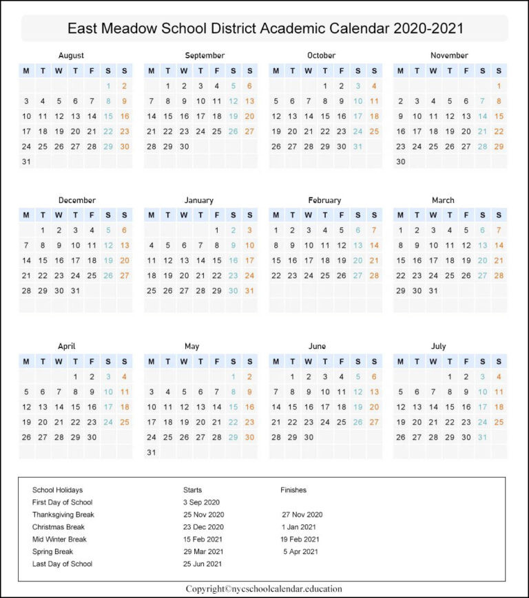 East Meadow Union Free School District Calendar 2021-2022-School Calendar 2021 To 2022 New York
