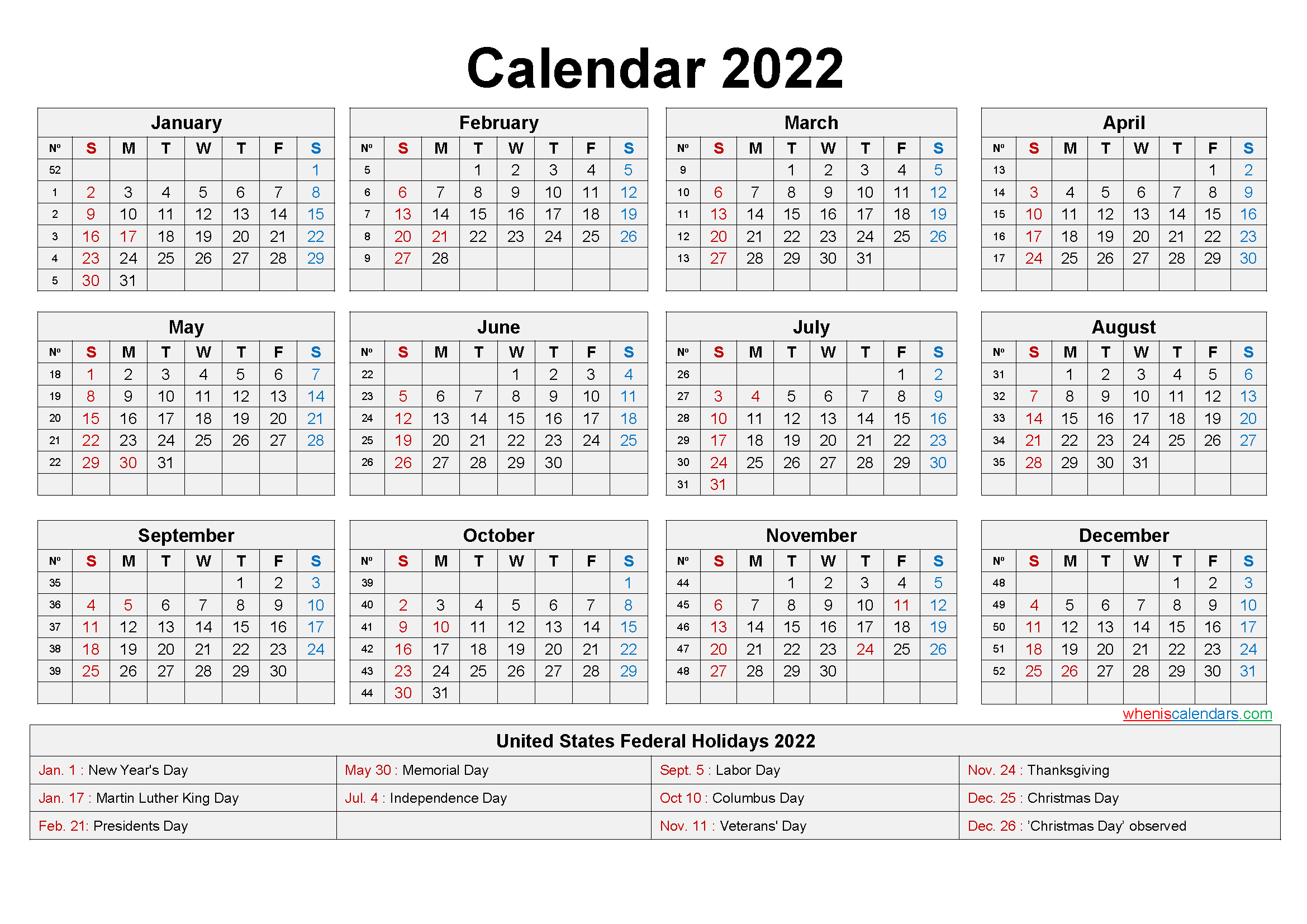 Editable Printable Calendar 2022 - Template No.ep22Y20-Printable Monthly Calendar For 2022