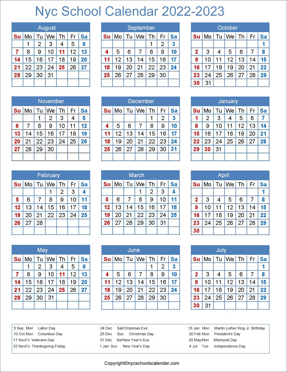 ️Nyc School Holidays Calendar 2022-2023-2022 Calendar With Holidays Canada