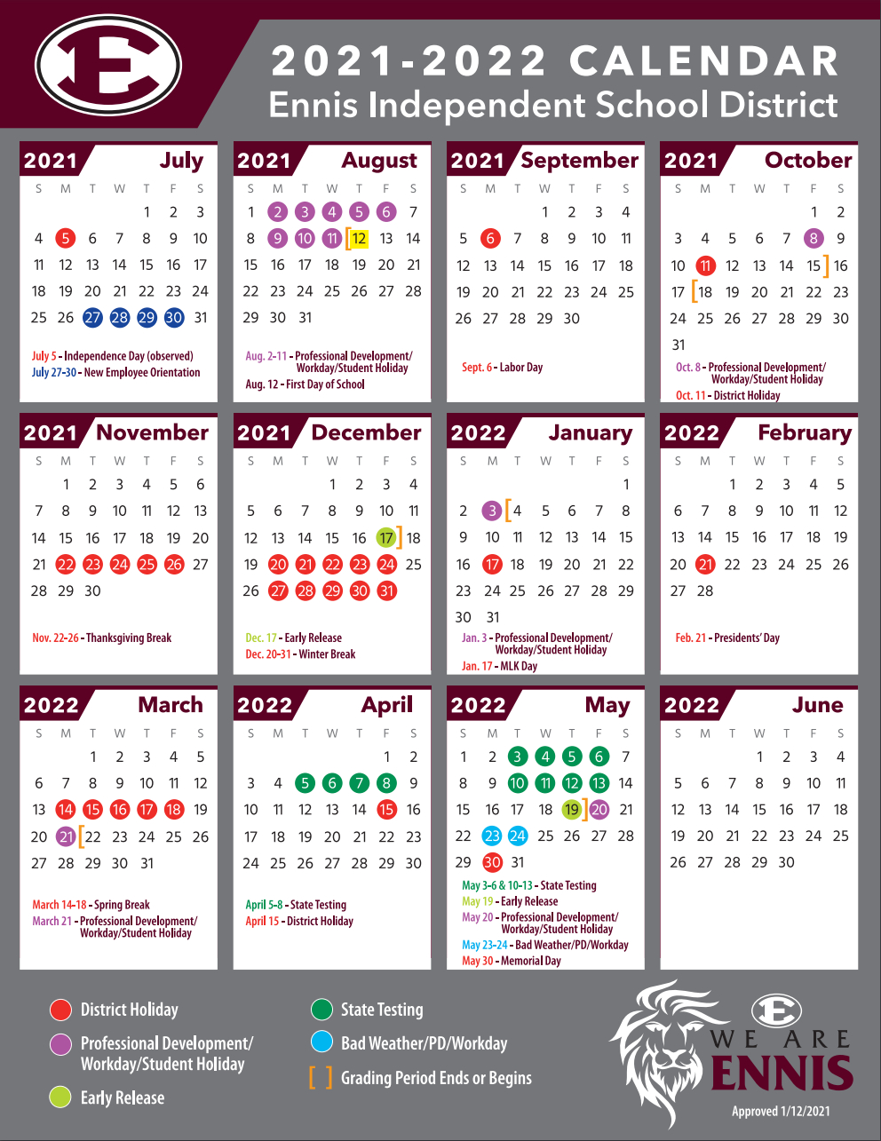Ennis Independent School District Calendar 2021 And 2022-State Of Texas Holiday Calendar 2022