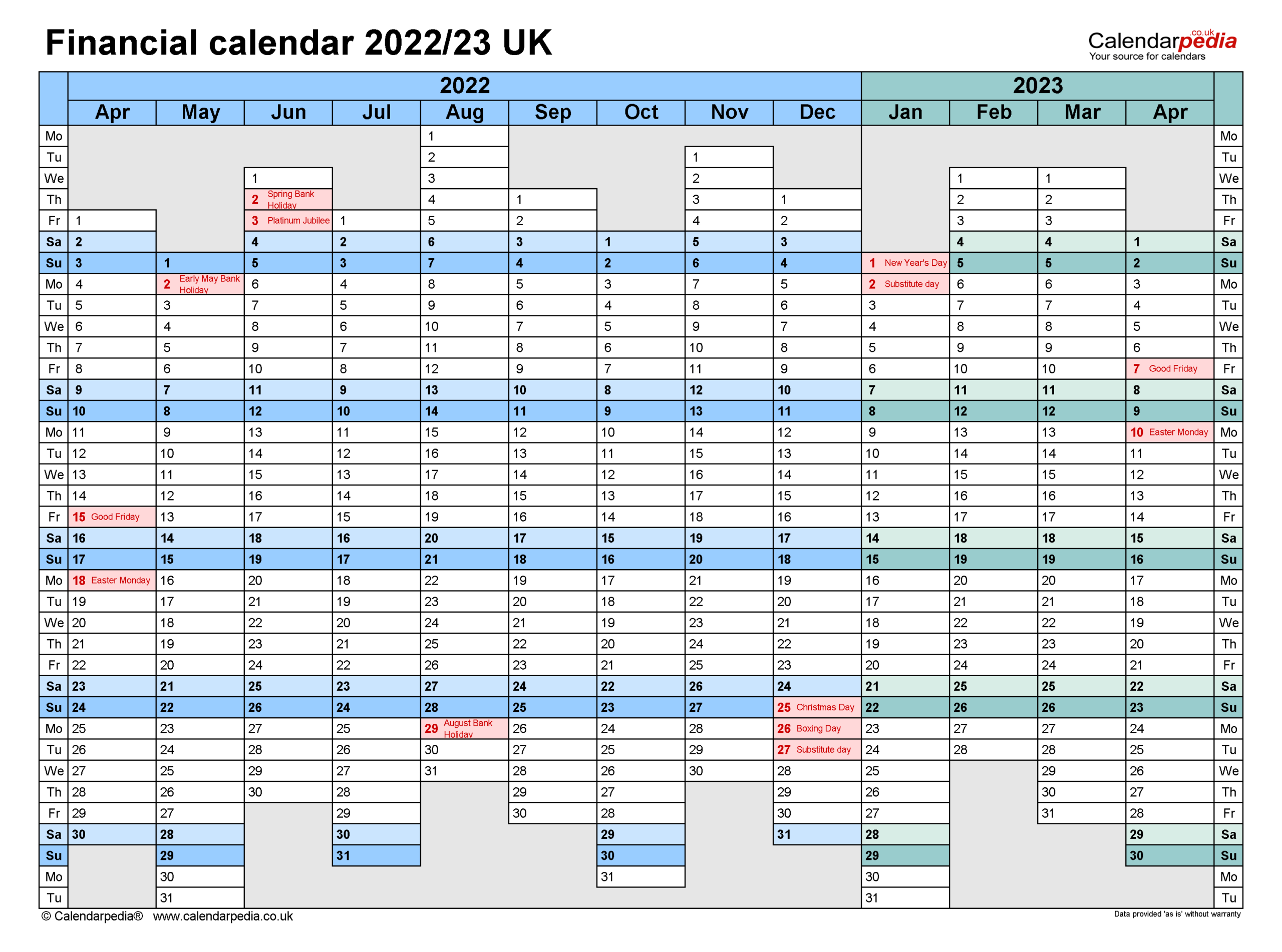 Financial Calendars 2022/23 Uk In Pdf Format-2022 Calendar Uk Printable With Bank Holidays