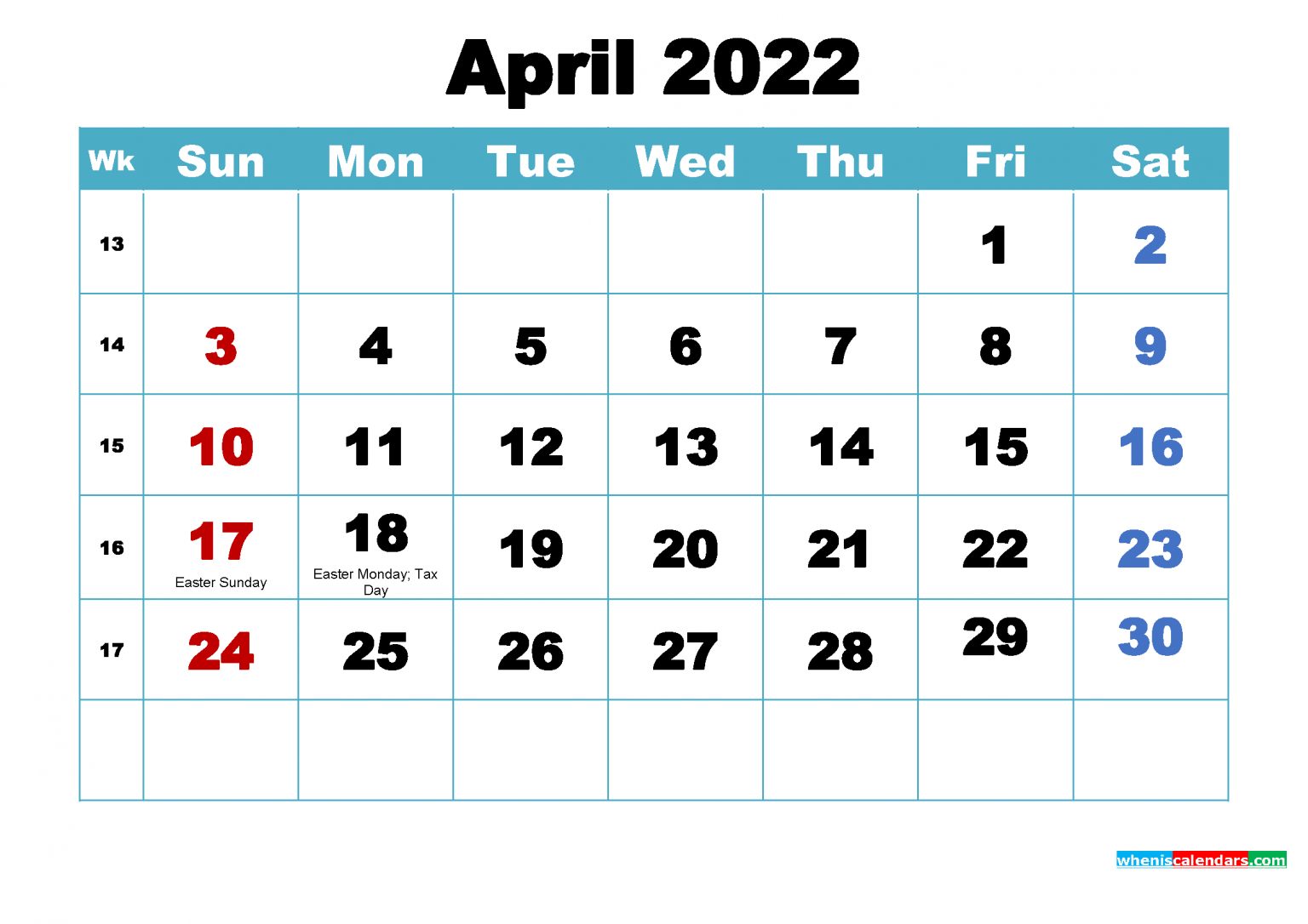Free April 2022 Calendar With Holidays Printable-2022 Calendar With Holidays Printable Usa