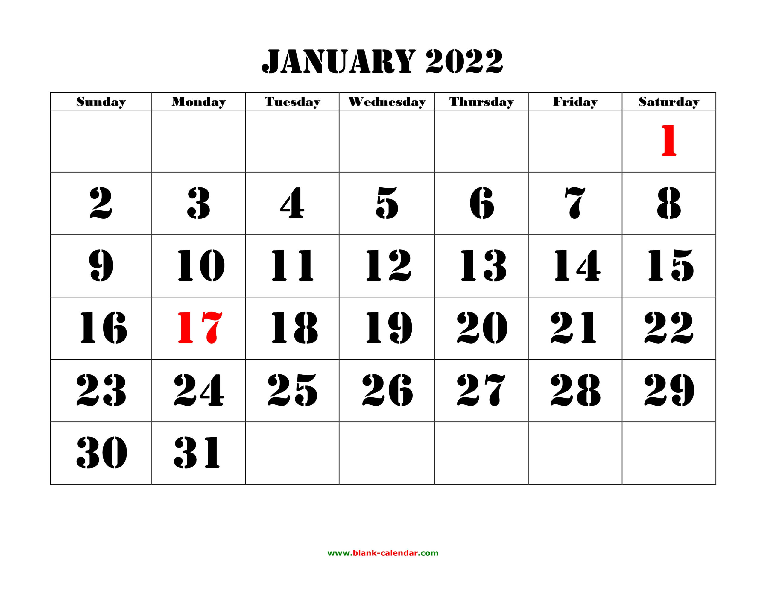 Free Download Printable Calendar 2022, Large Font Design , Holidays On Red-Year To View Calendar 2022 Printable