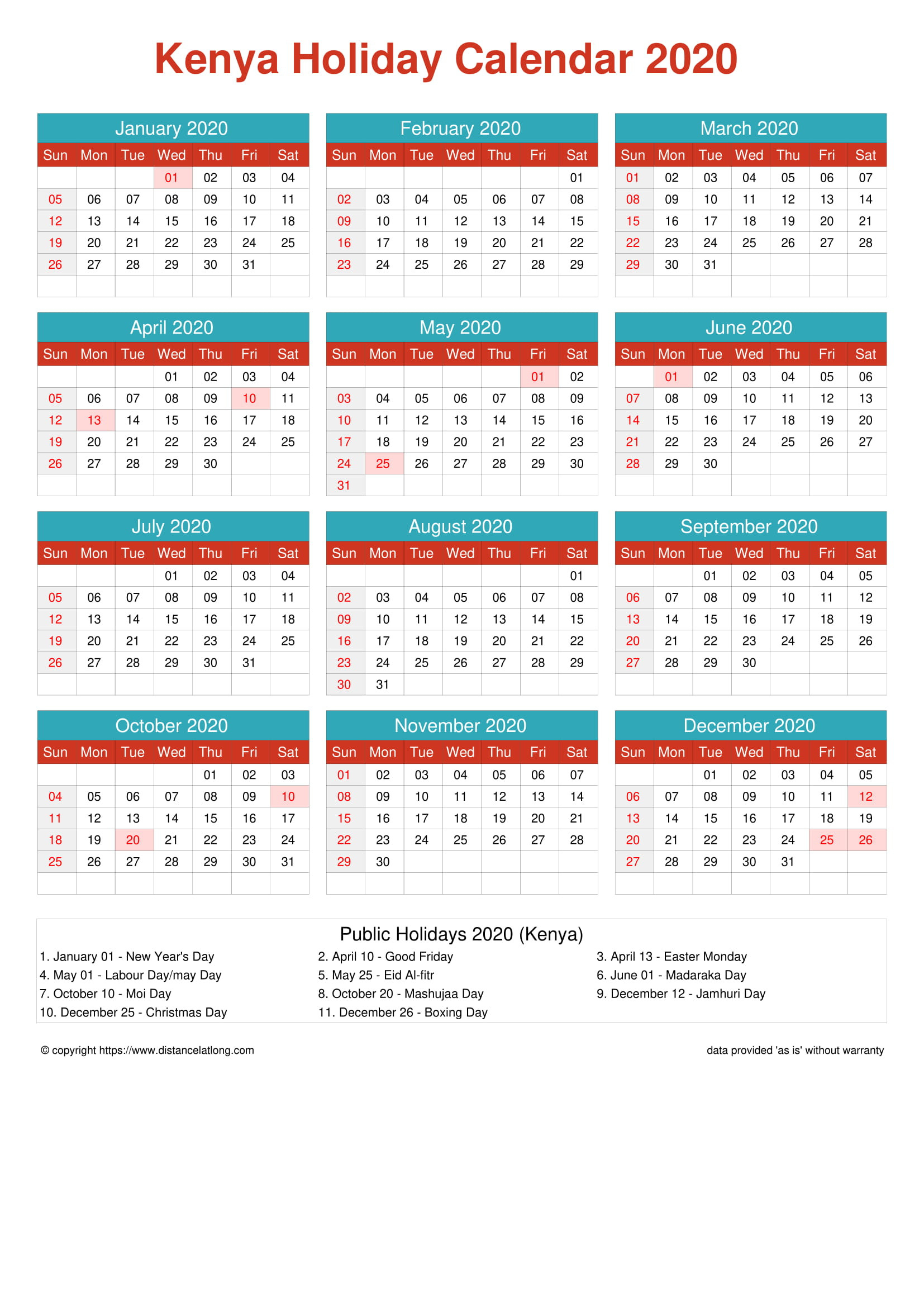 Free Kenya Holiday Printable Calendar Cheerful Bright Template 2020-School Calendar 2021 To 2022 Kenya Pdf