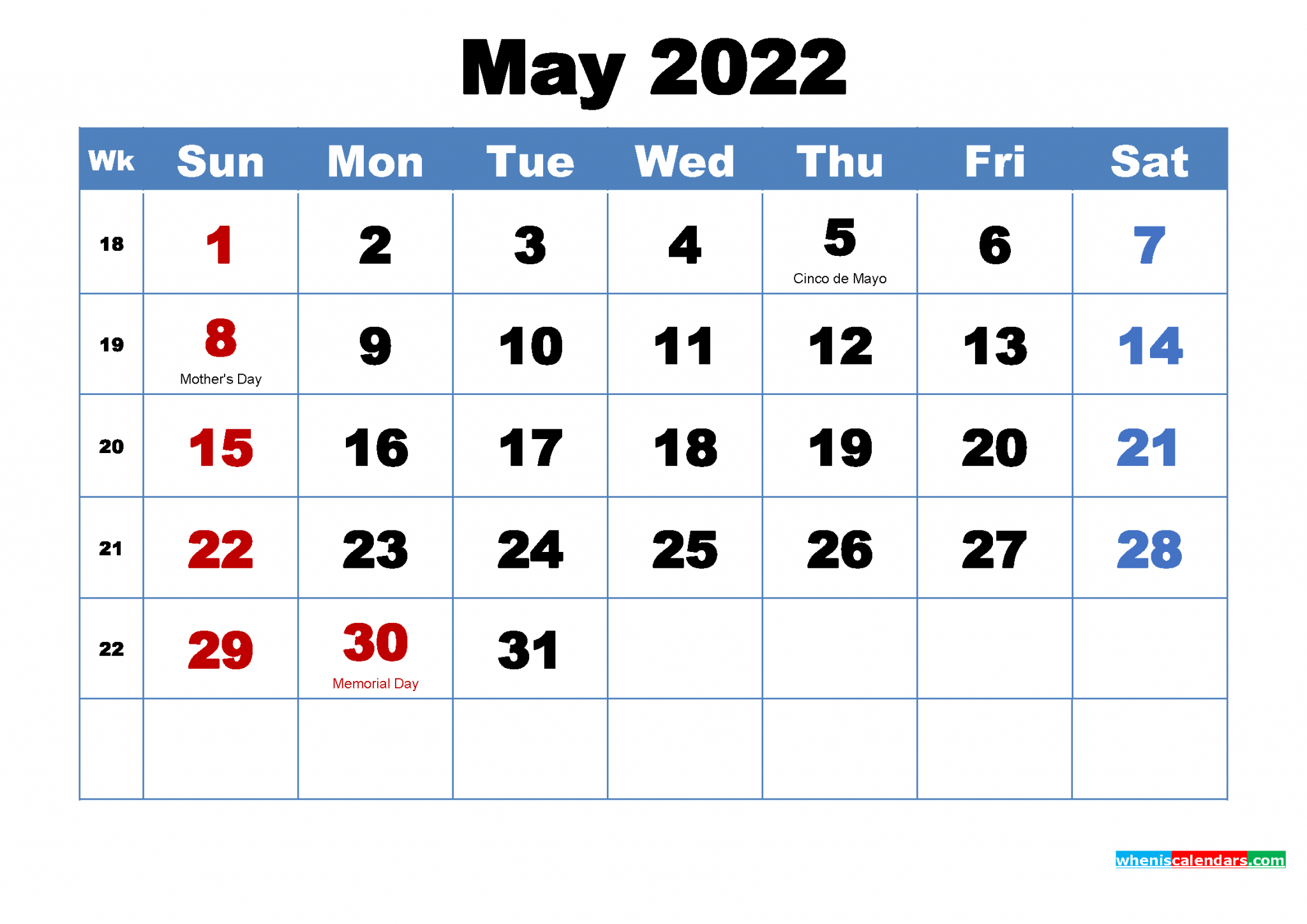 Free May 2022 Calendar With Holidays Printable-2022 Calendar With Holidays Printable