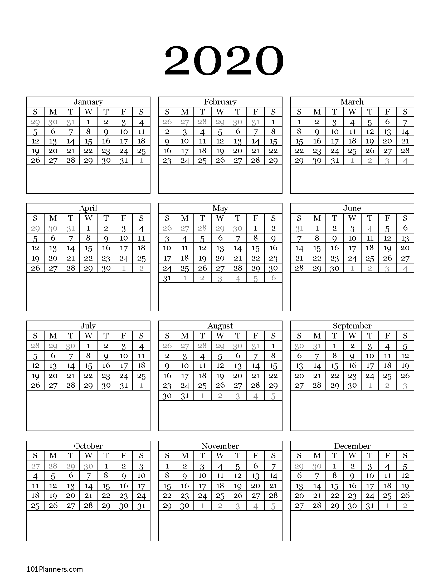 Free Printable 2020 Yearly Calendar At A Glance | 101 Backgrounds-2020 To 2022 Calendar Pdf