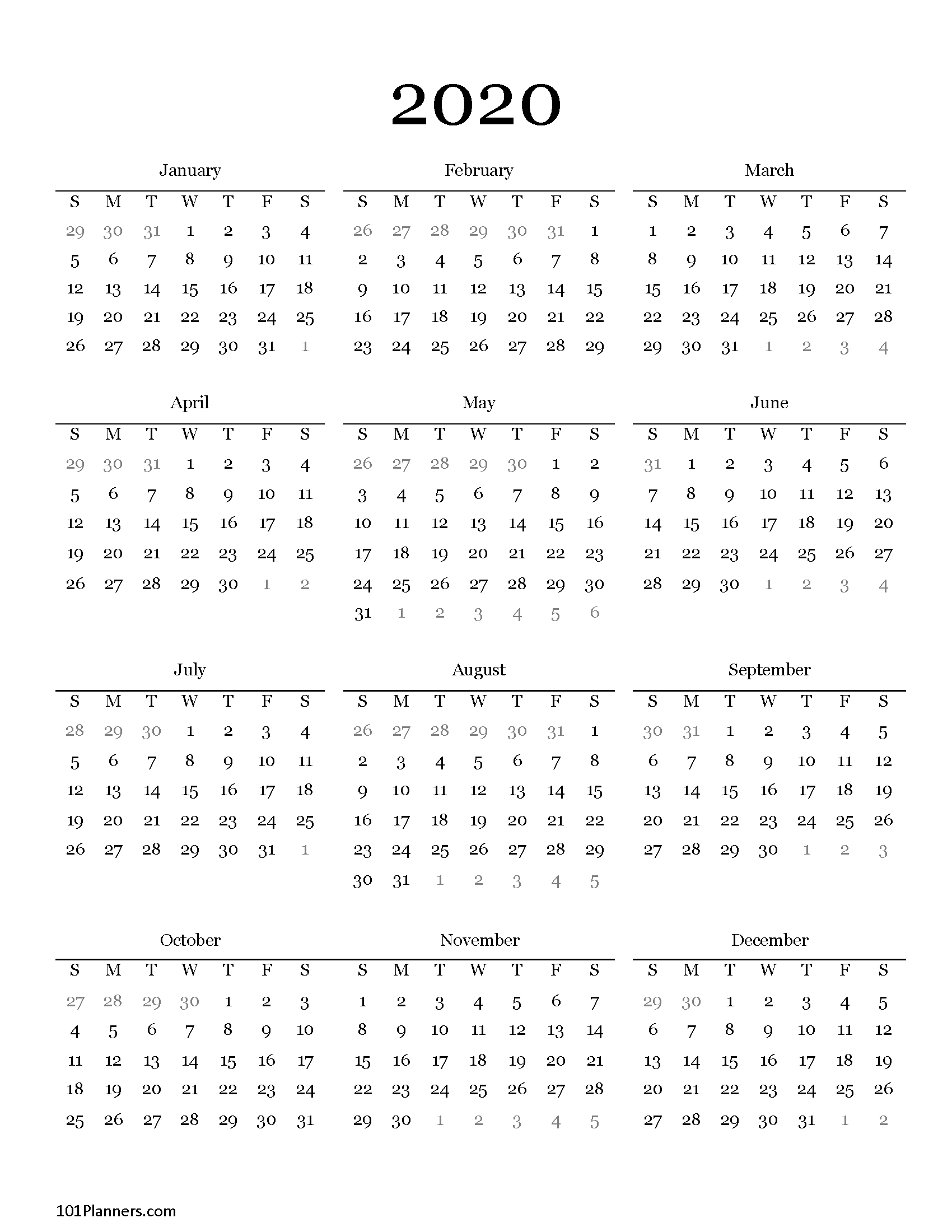 Free Printable 2020 Yearly Calendar At A Glance | 101 Backgrounds-2020 To 2022 Calendar Pdf