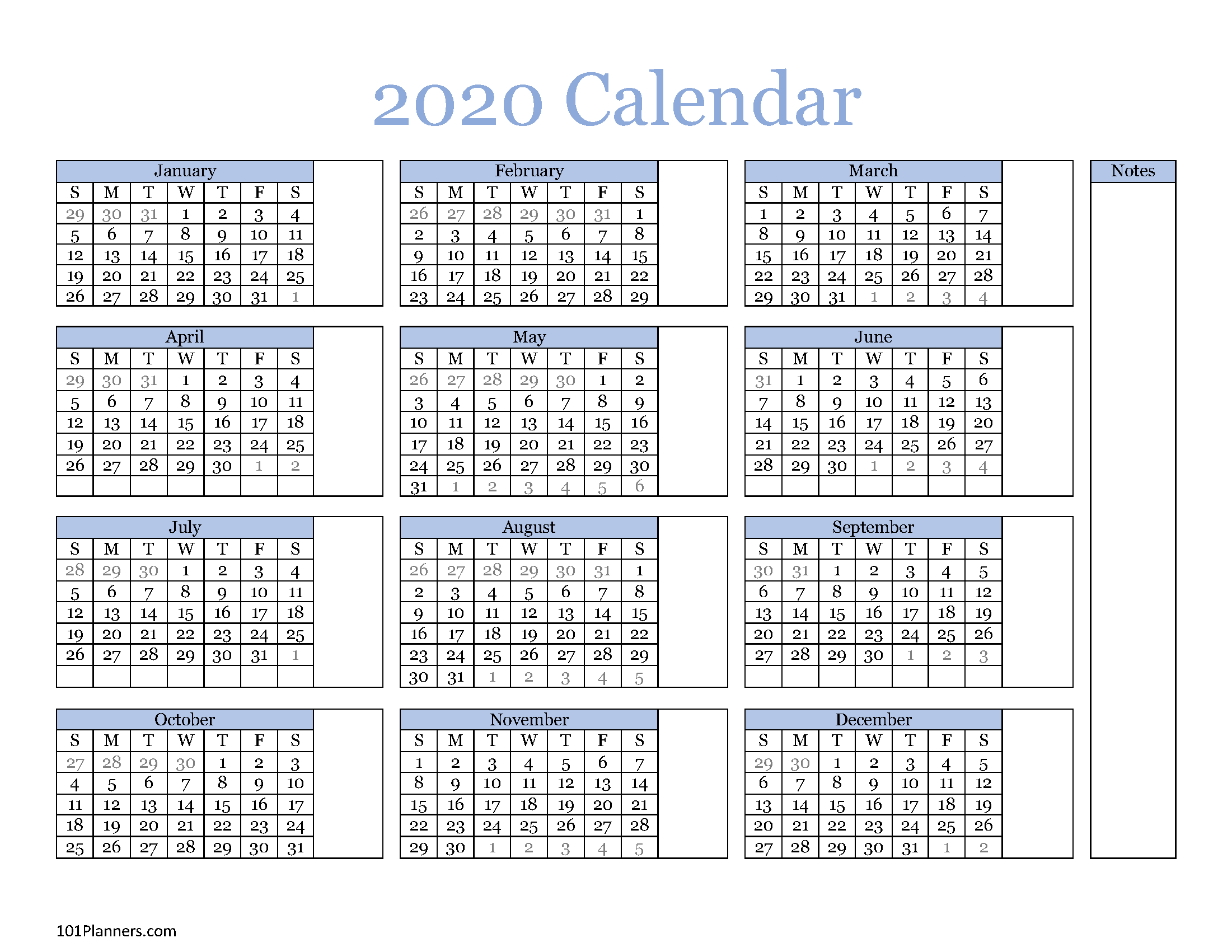 Free Printable 2020 Yearly Calendar At A Glance | 101 Backgrounds-2020 To 2022 Calendar Pdf