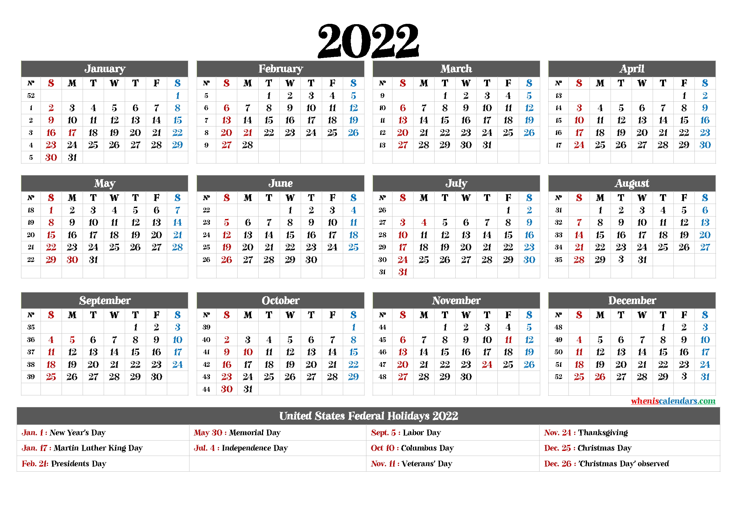 Free Printable 2022 Calendar Templates - 6 Templates-2021 Calendar 2022 Printable Free