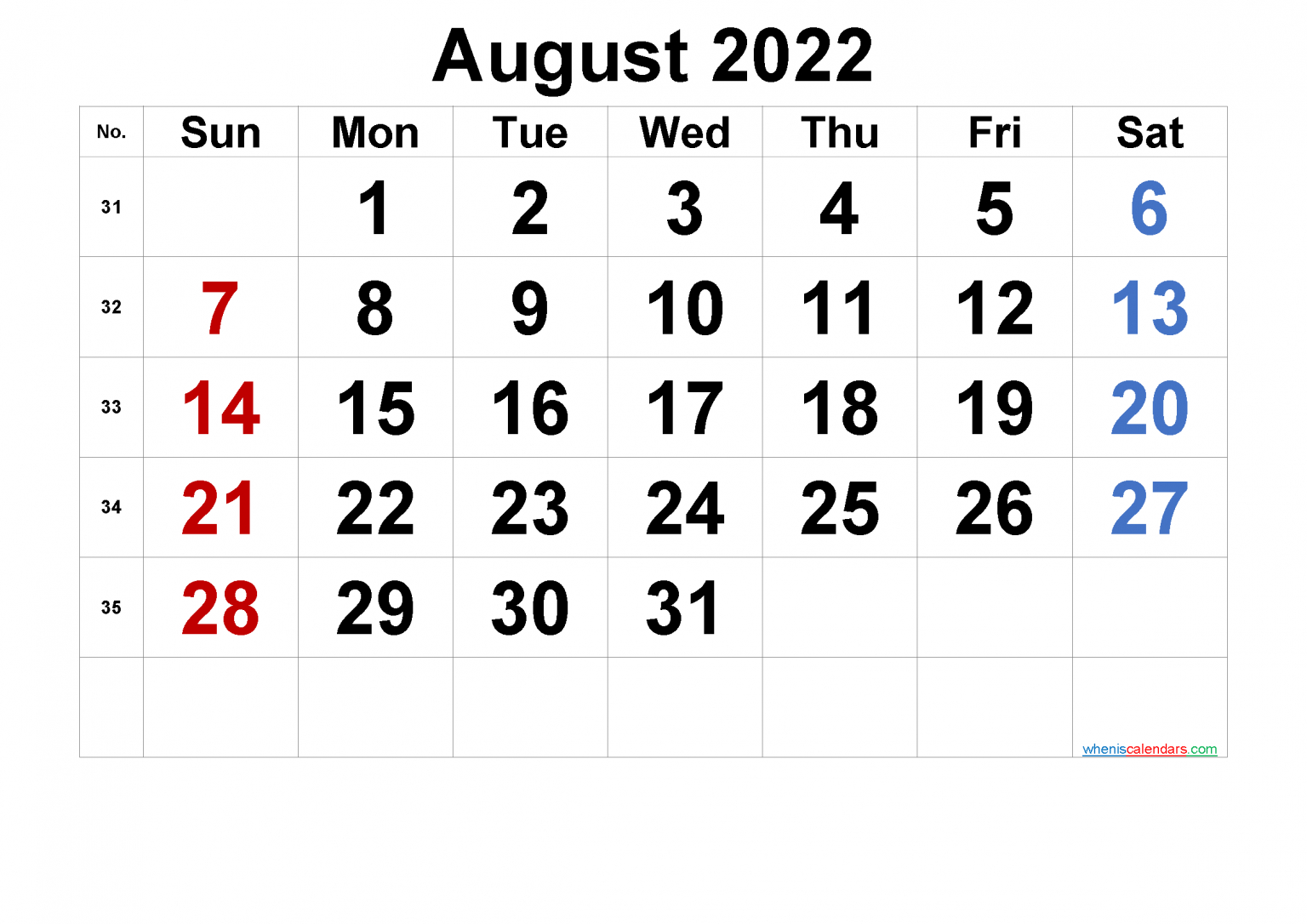 Free Printable Calendar August 2022 With Week Numbers-2022 Printable Monthly Calendar With Holidays