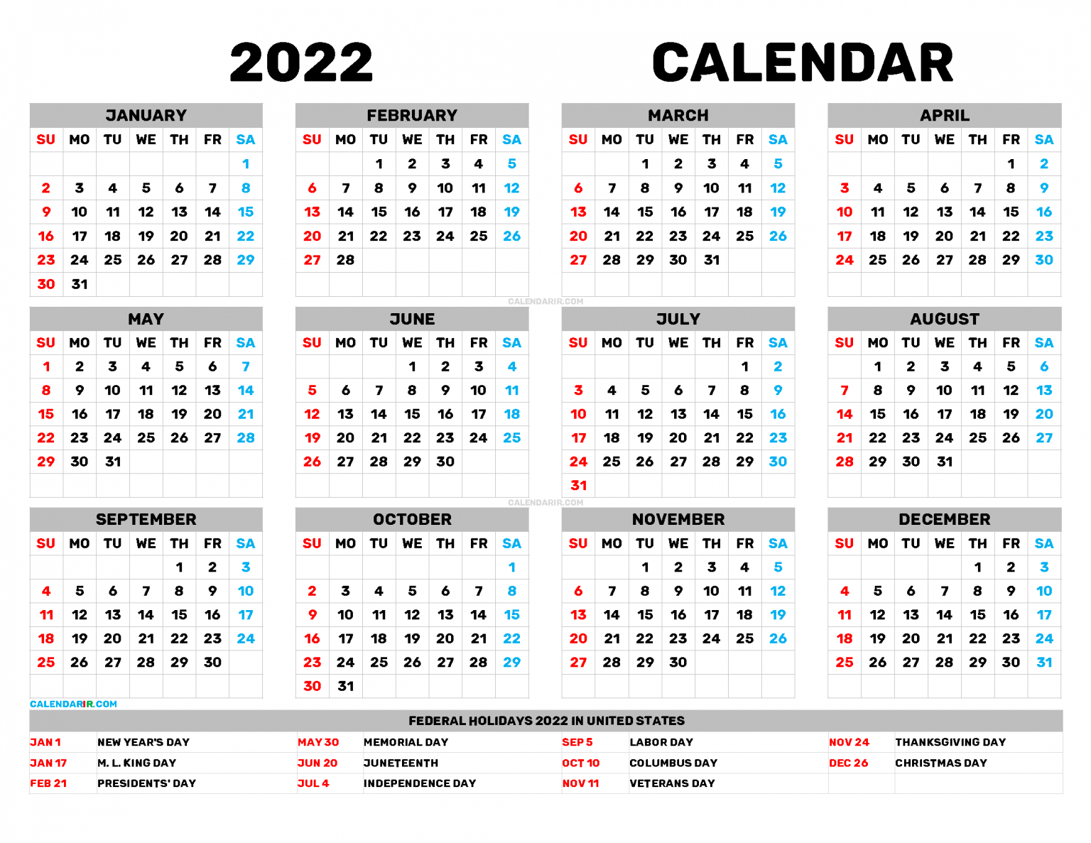 Free Printable Calendar Templates 2022 Pdf, Png-2022 Printable Calendar One Page