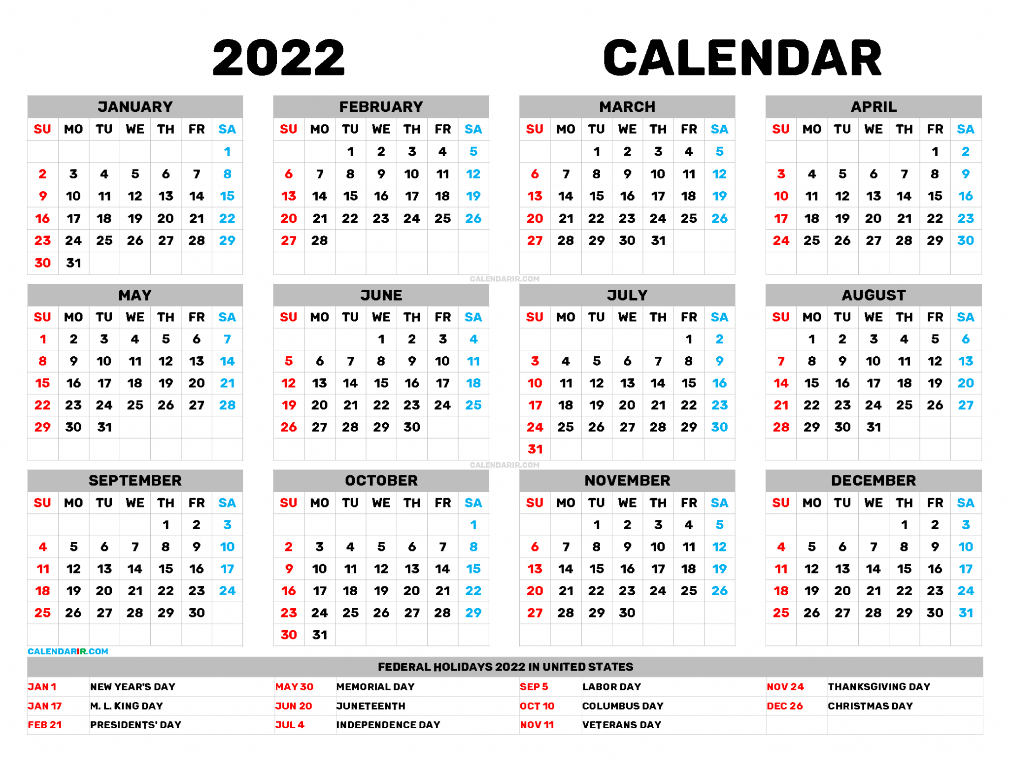 Free Printable Calendar Templates 2022 Pdf, Png-2022 Yearly Calendar Printable One Page