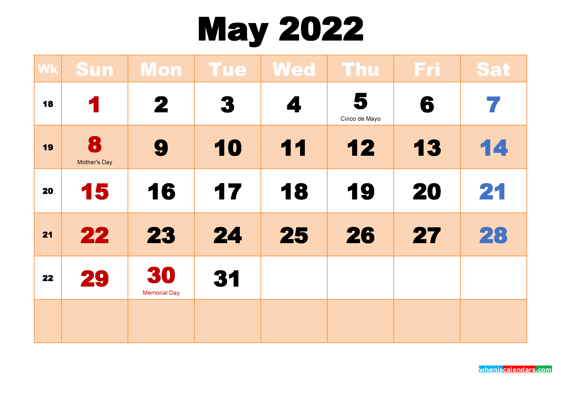 Free Printable May 2022 Calendar With Holidays-2022 Printable Monthly Calendar With Holidays