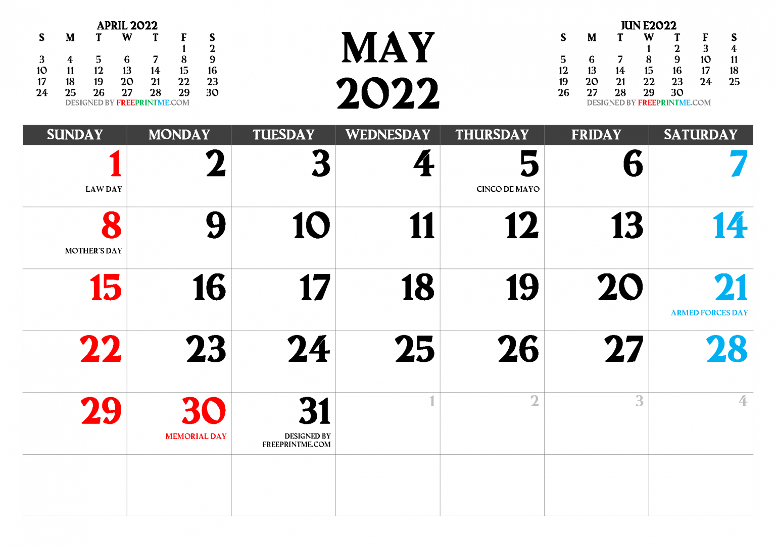 Free Printable May 2022 Calendar With Holidays Pdf, Png-2022 Printable Monthly Calendar With Holidays