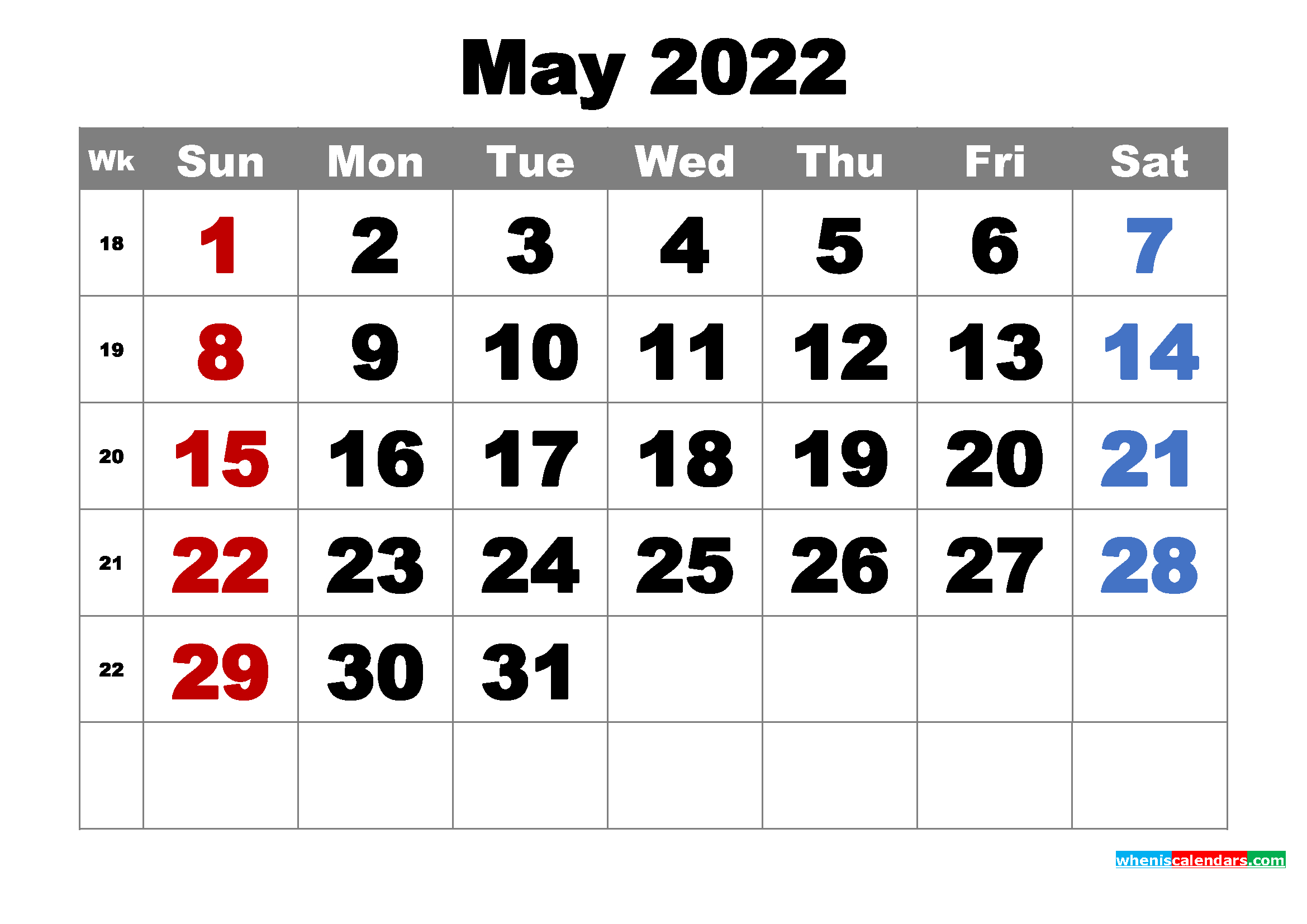 Free Printable May 2022 Calendar Word, Pdf, Image-Printable Monthly Calendar For 2022