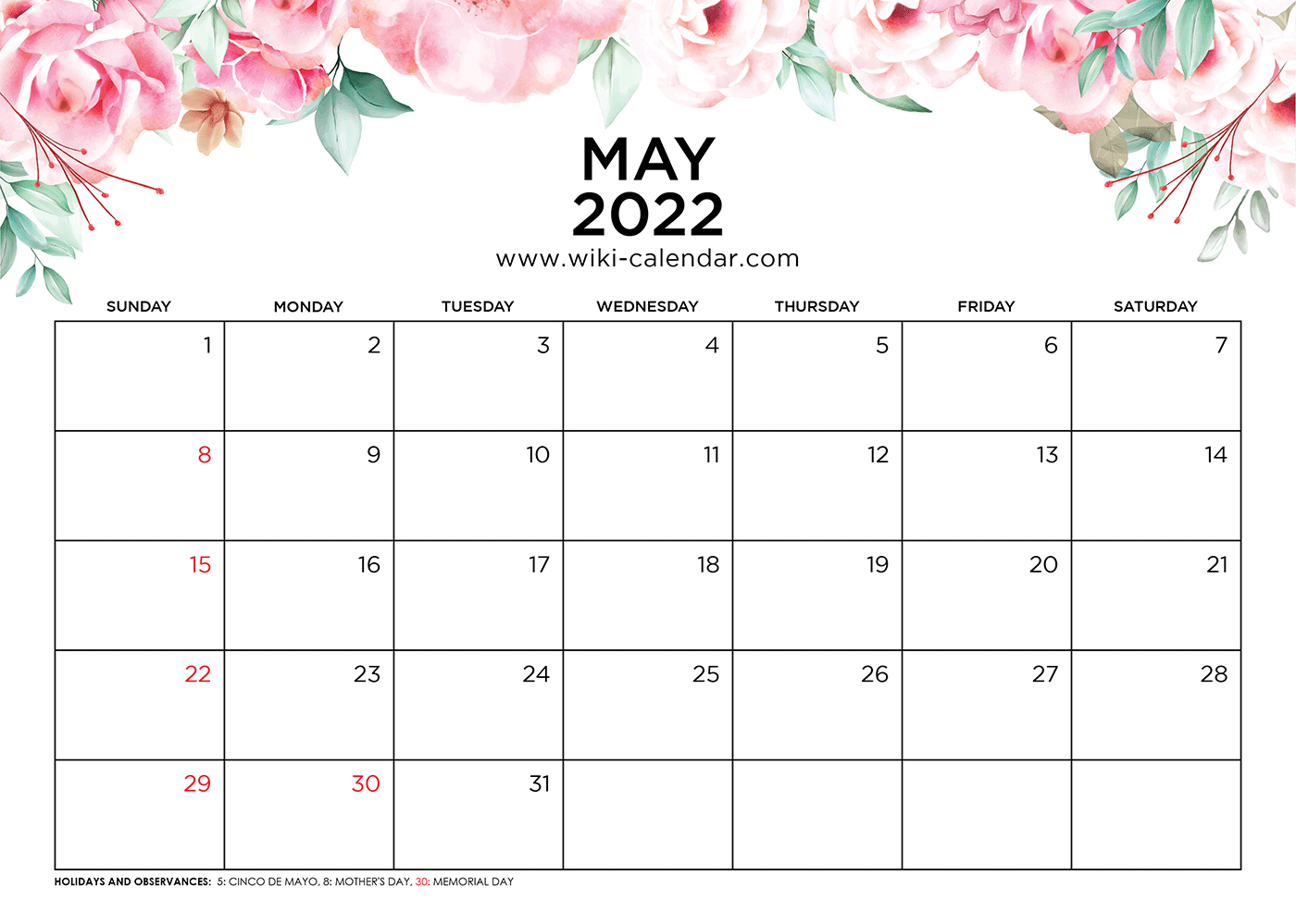 Free Printable May 2022 Calendars-Printable Calendar 2022 With Holidays