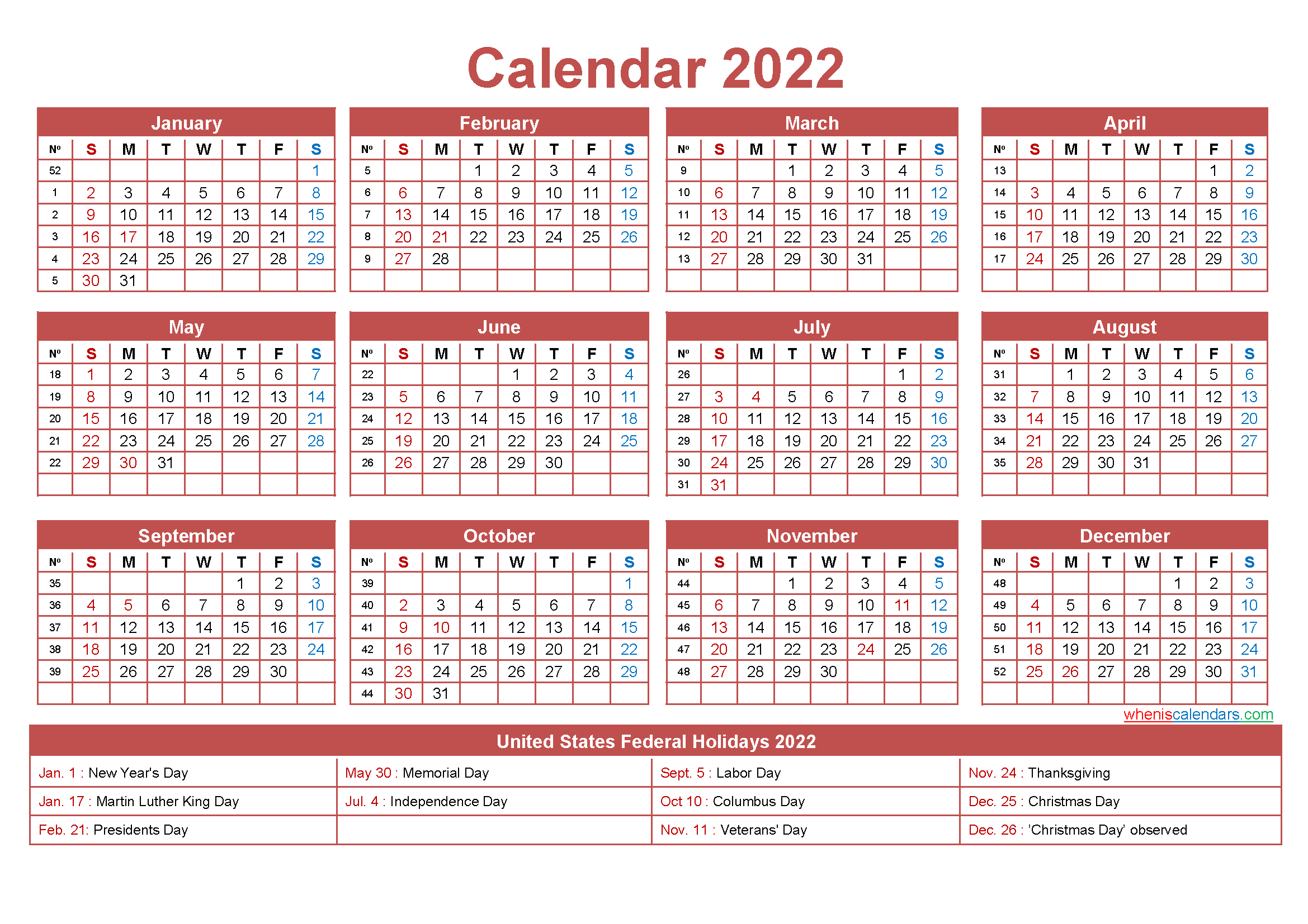Free Printable Yearly 2022 Calendar With Holidays As Word, Pdf-2022 Printable Calendar One Page