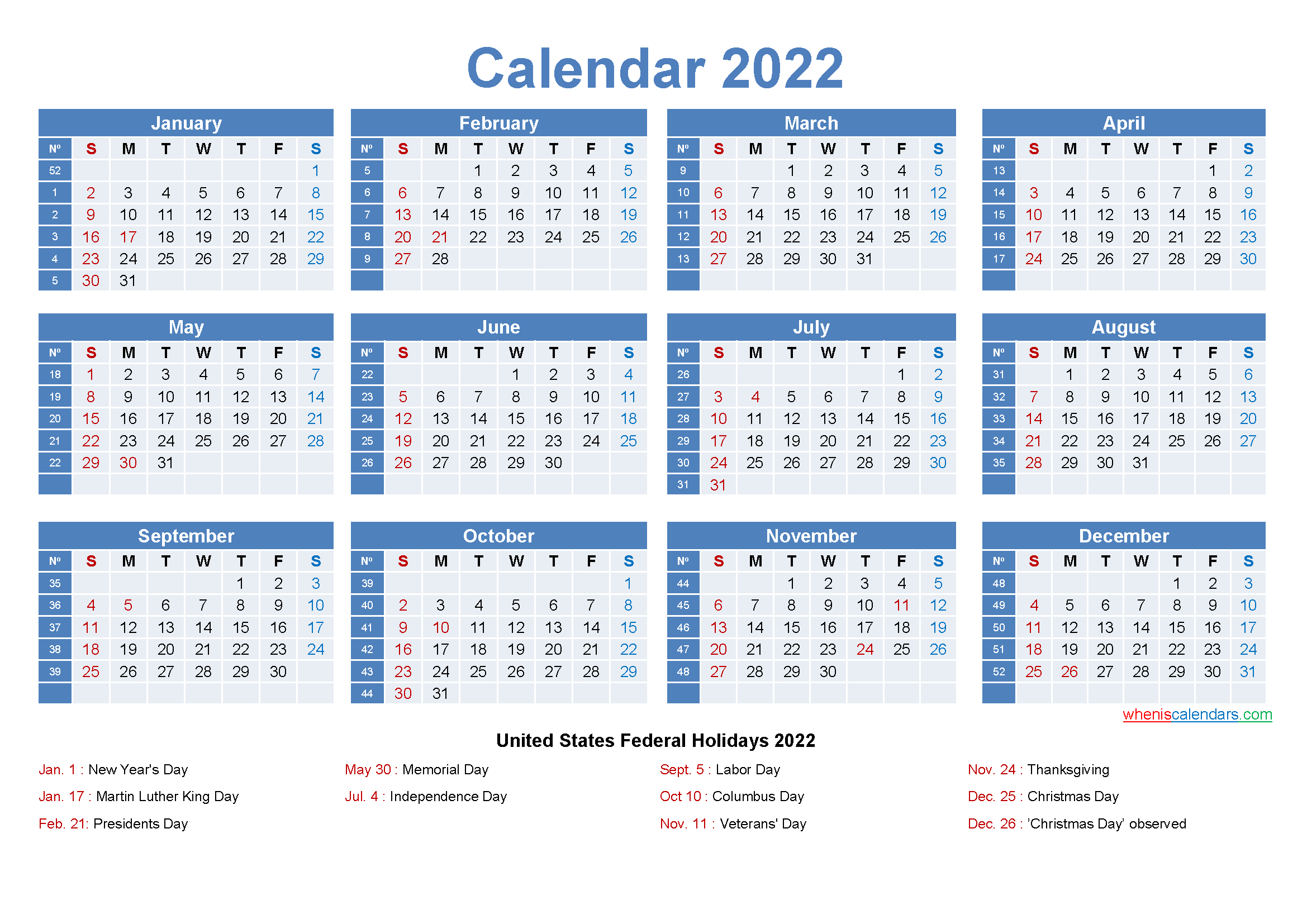 Free Printable Yearly 2022 Calendar With Holidays As Word, Pdf-2022 Yearly Calendar Printable One Page