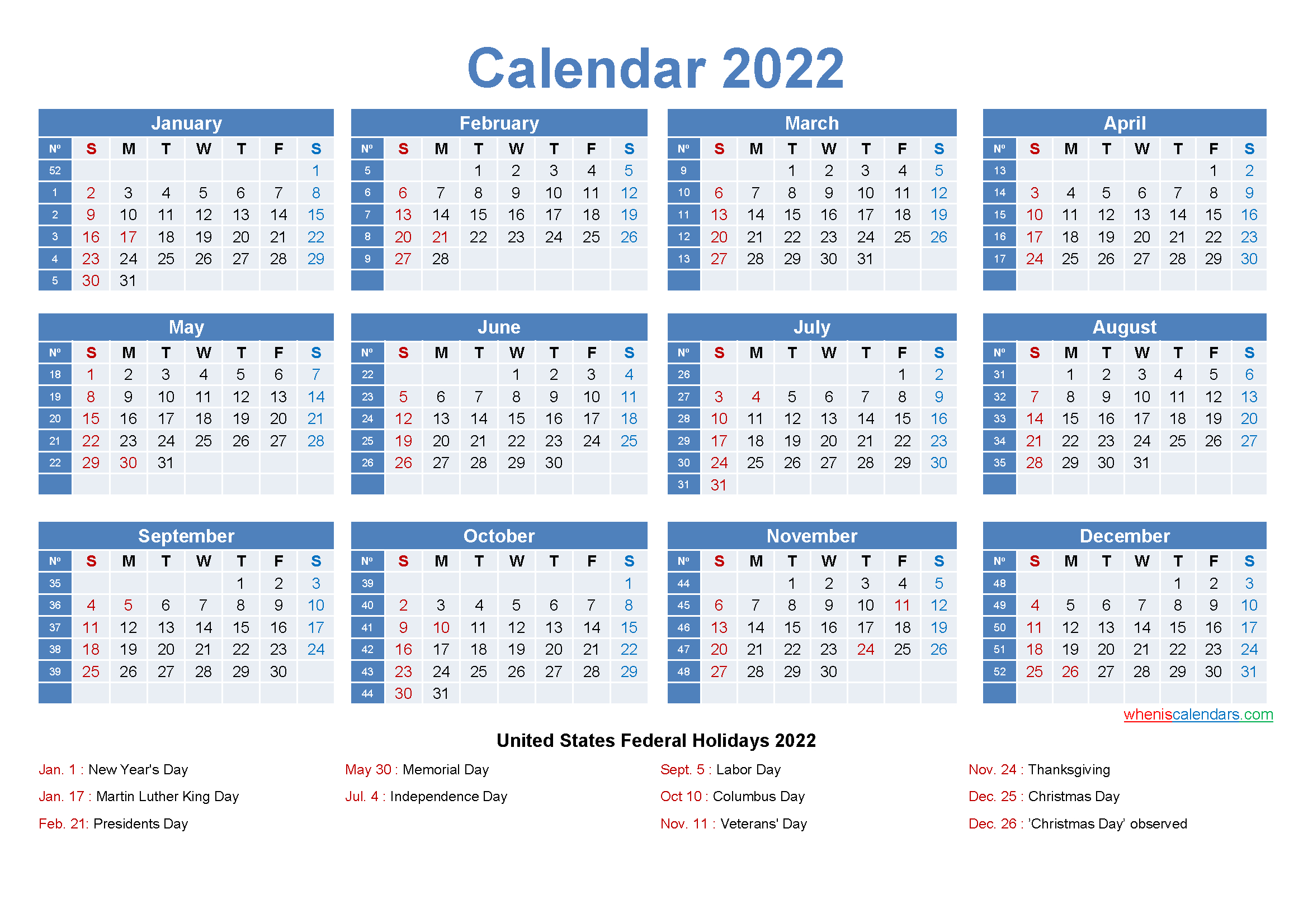 Yearly Calendar 2022 Free Printable | Calendar Template Printable