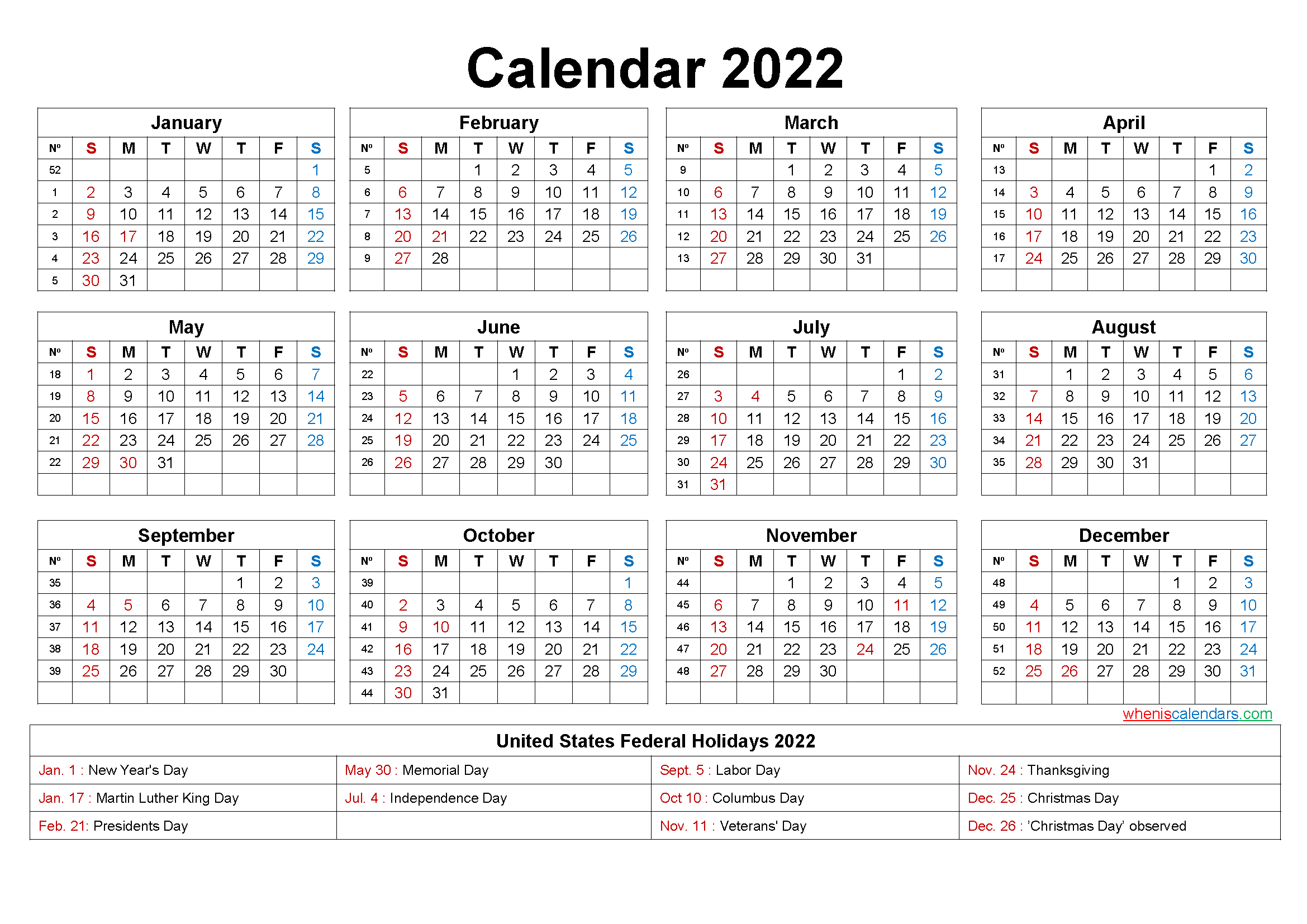 Free Yearly 2022 Calendar With Holidays Word, Pdf-Download Calendar 2022 Pdf Online