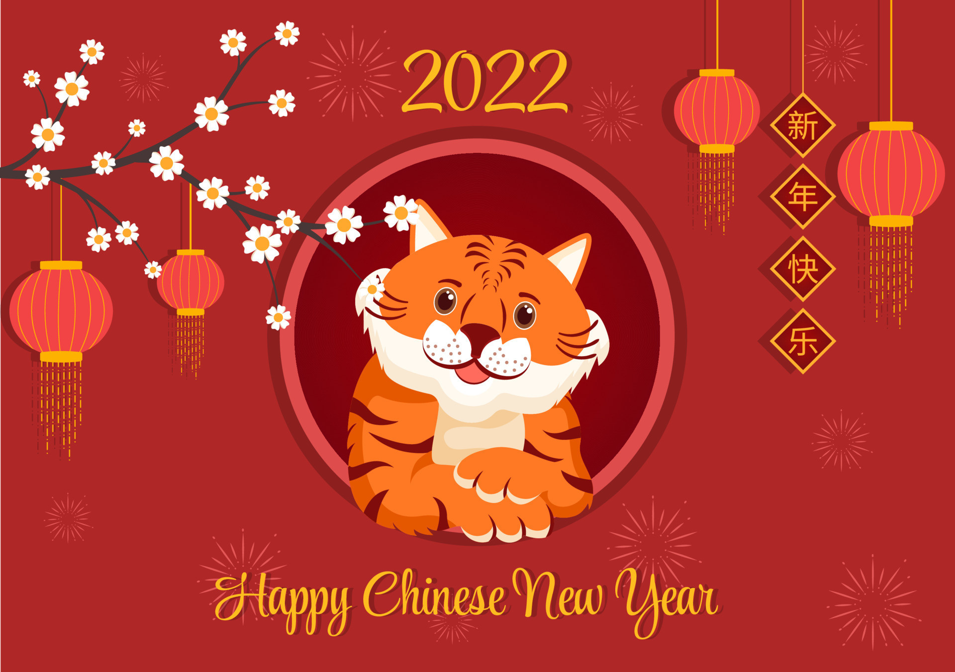 Happy Chinese New Year 2022 With Zodiac Cute Tiger And Flower On Red-Calendar 2022 Chinese New Year