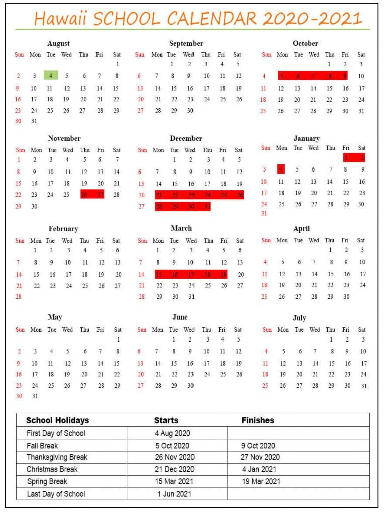 Hawaii School Holidays 2020 | Nyc School Calendar-Nyc Doe School Calendar 2021 To 2022 Pdf