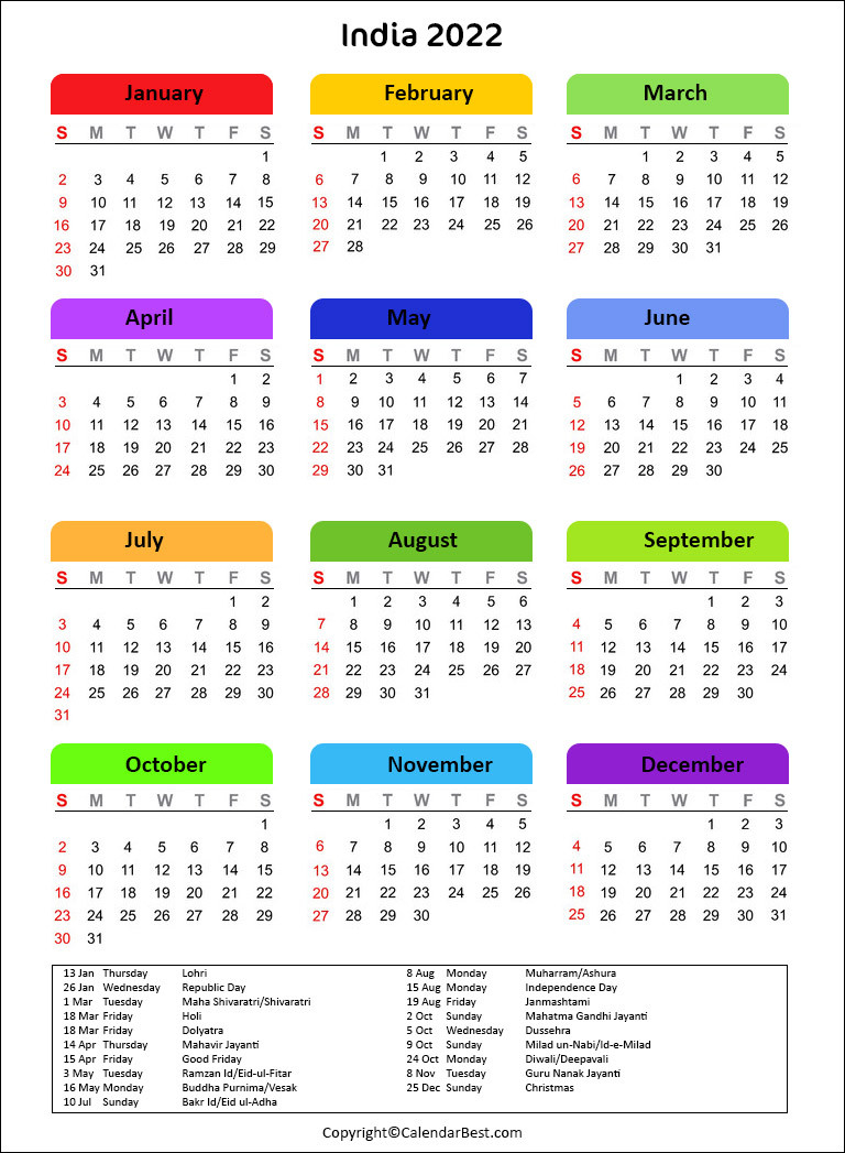 India Holiday 2022 | Best Printable Calendar-Printable Calendar 2022 With Holidays