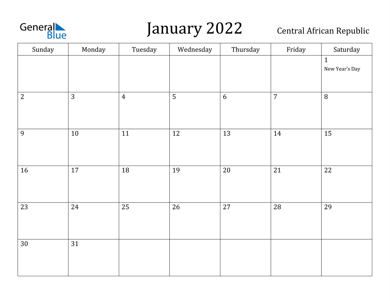 January 2022 Calendar - Central African Republic-Free Printable Calendar 2022 Australia