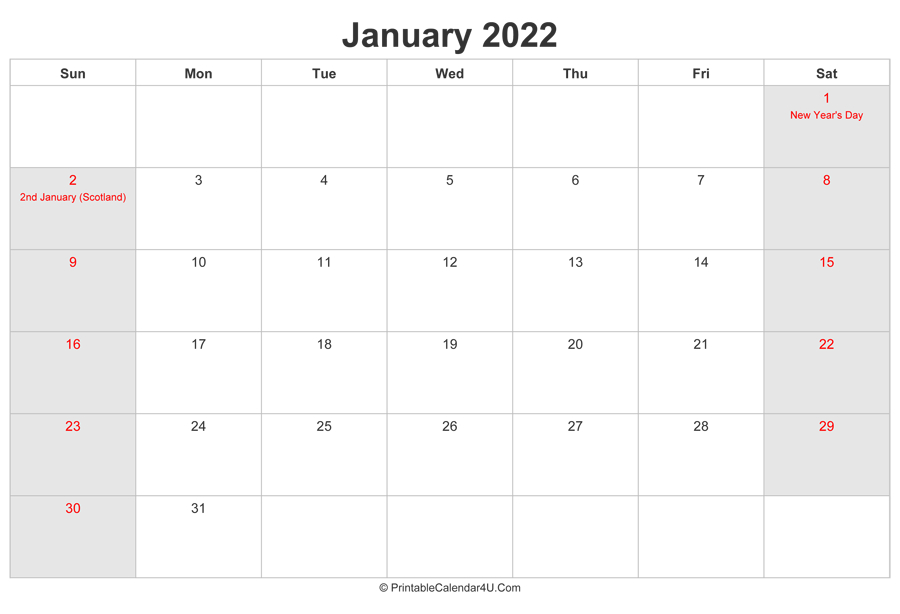 January 2022 Calendar With Uk Bank Holidays Highlighted (Landscape Layout)-Calendar 2022 Uk With Bank Holidays