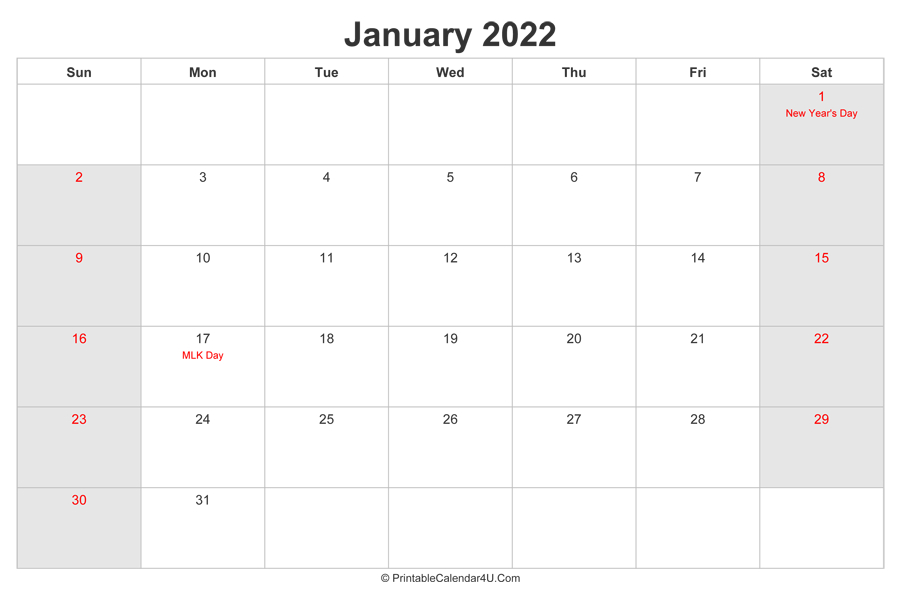 January 2022 Calendar With Us Holidays Highlighted (Landscape Layout)-2022 Printable Monthly Calendar With Holidays
