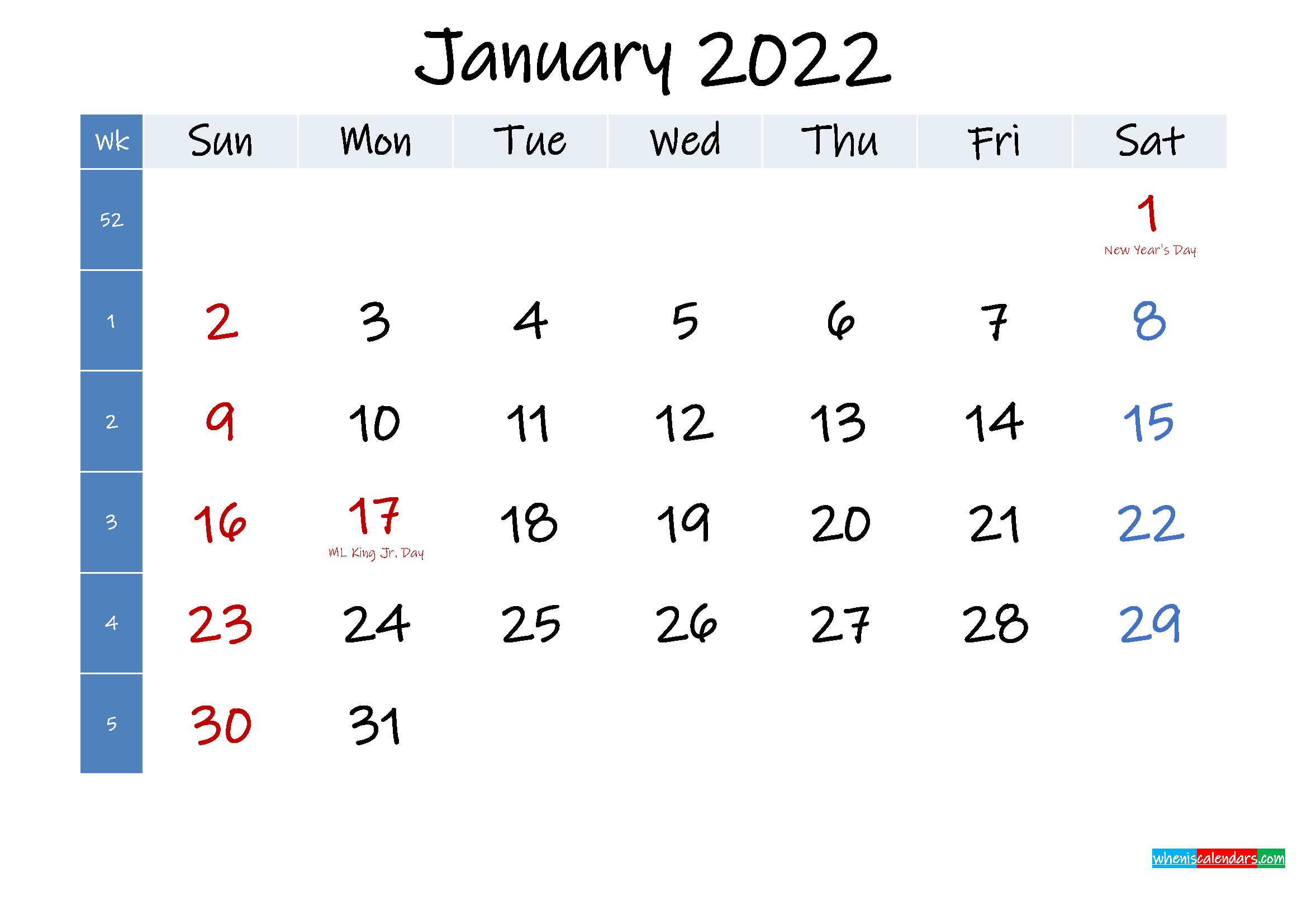 January 2022 Free Printable Calendar With Holidays - Template No.ink22M349-2022 Calendar With Holidays Printable Free