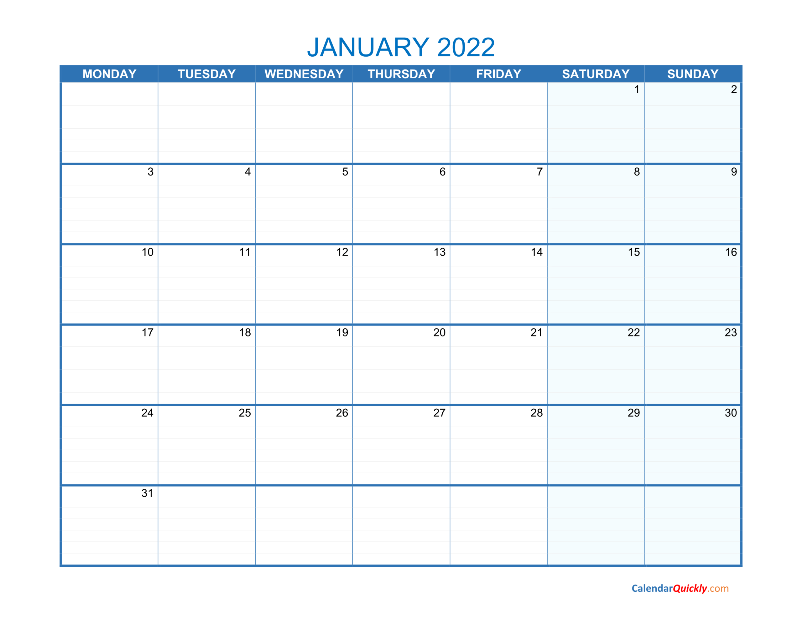 January Monday 2022 Blank Calendar | Calendar Quickly-Printable 2022 Calendar Monday Start