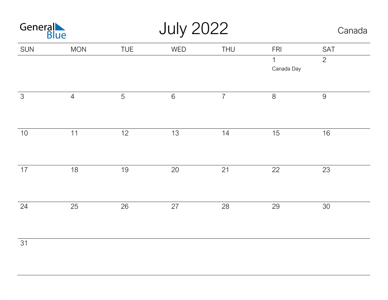 July 2022 Calendar - Canada-Printable Monthly Calendar 2022 Canada