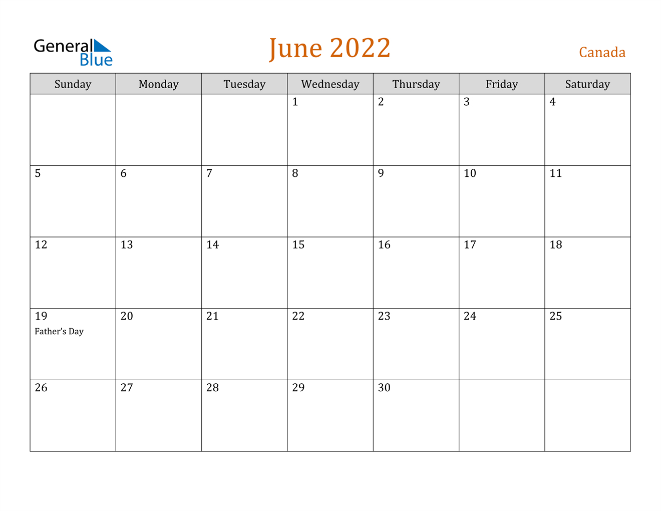 June 2022 Calendar - Canada-Printable Monthly Calendar 2022 Canada