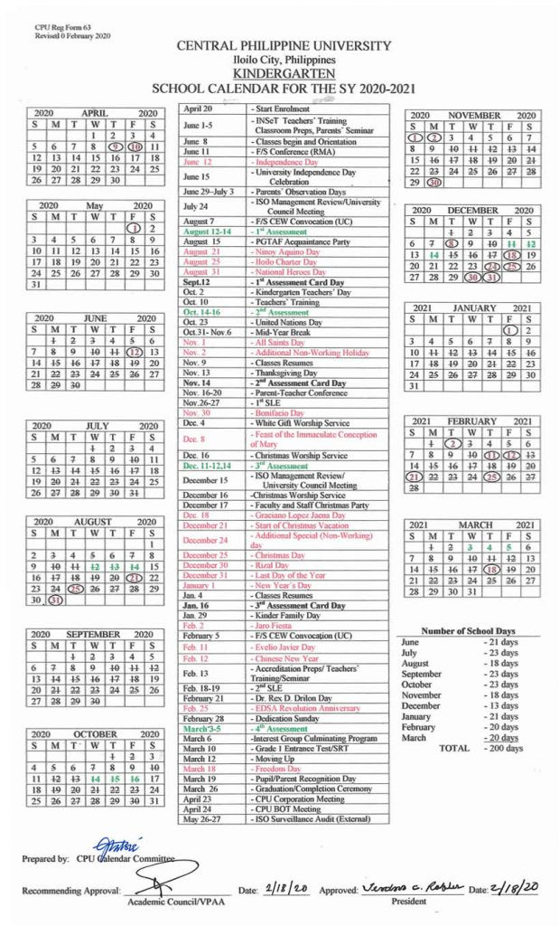 Kindergarten School Calendar | Central Philippine University-School Year 2021 To 2022 Philippines Calendar