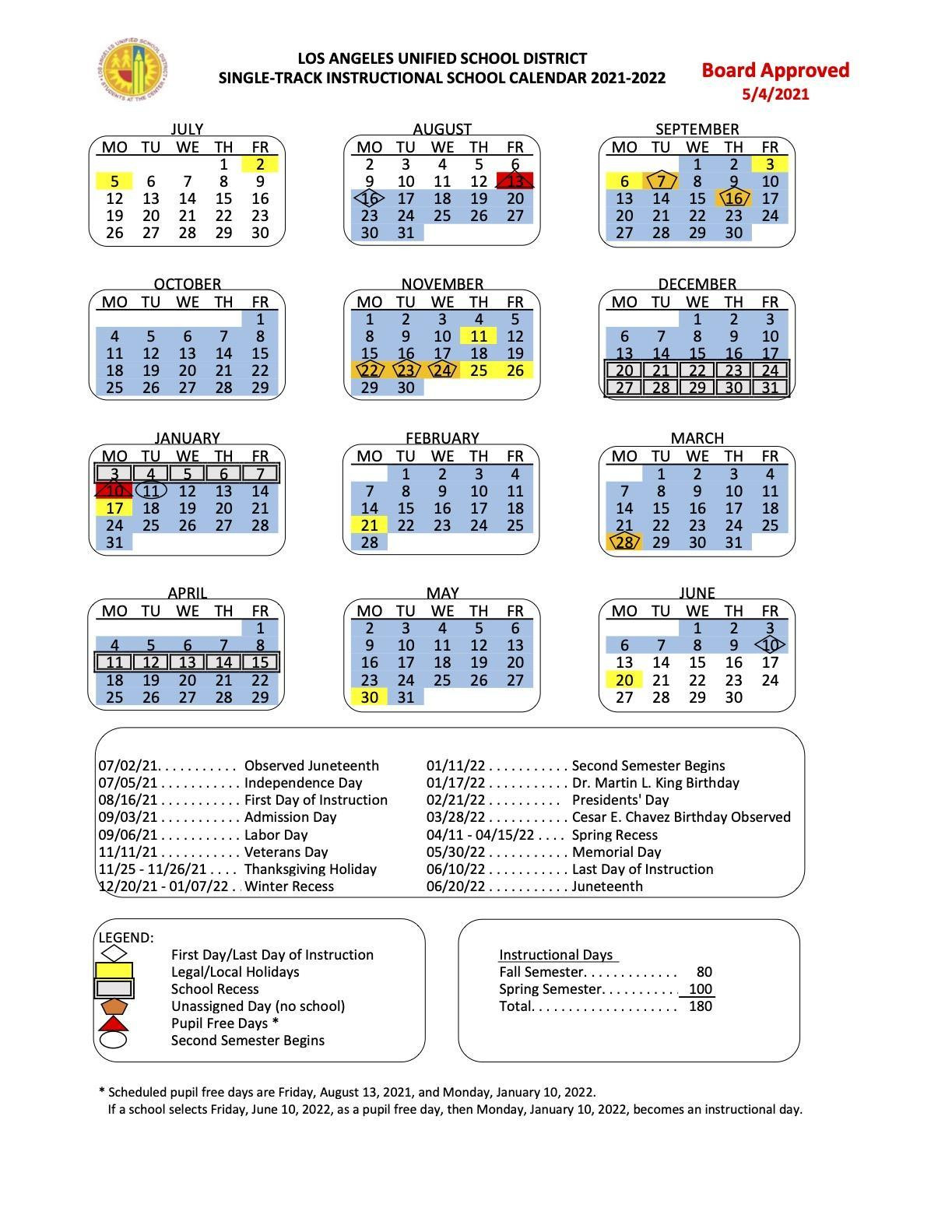 Lausd School Calendar /Calendario Escolar 2021-22 - Sanchez, Maria-School Calendar 2021 To 2022 California
