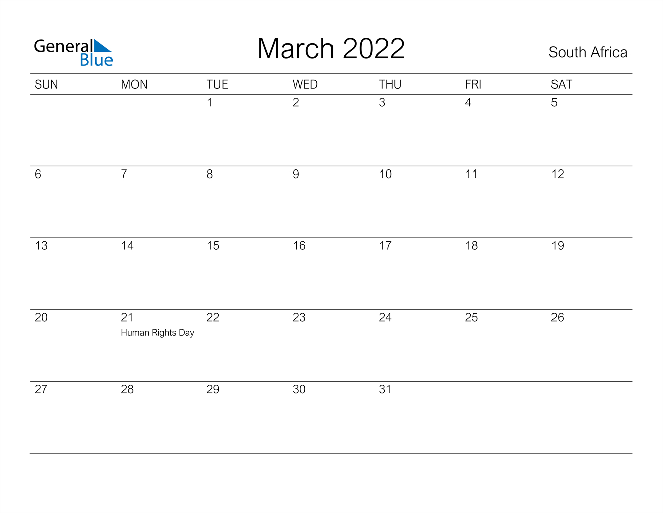 March 2022 Calendar - South Africa-2022 Calendar South Africa Pdf