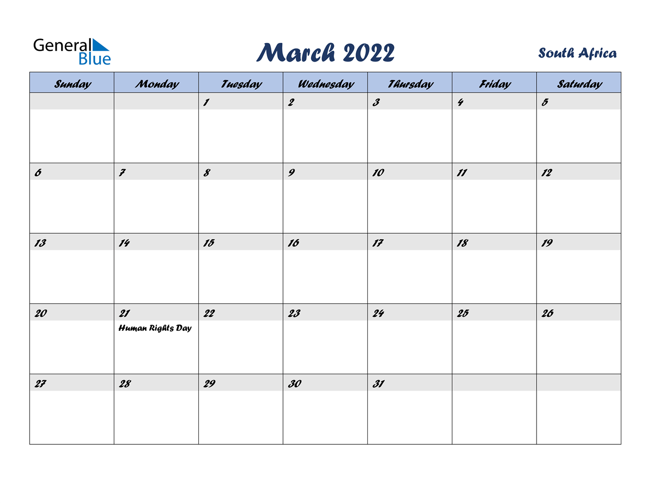 March 2022 Calendar - South Africa-Holiday Calendar 2022 South Africa