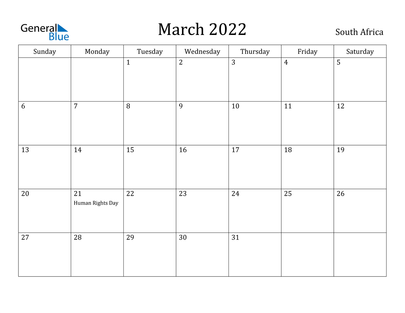 March 2022 Calendar - South Africa-Printable Calendar 2022 South Africa